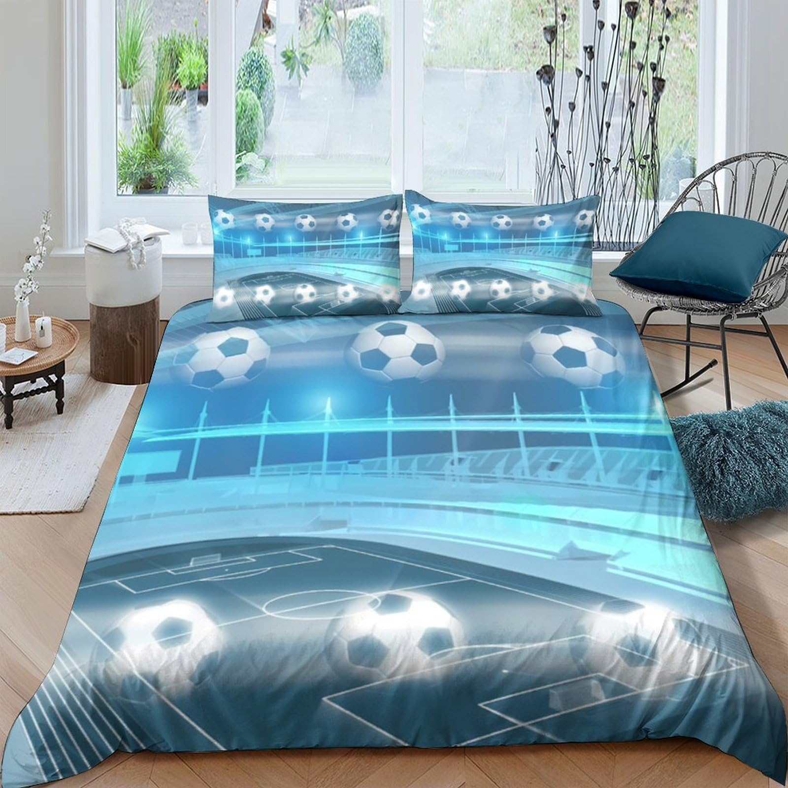 Ctjqhvkz Style-5 3D Printed Blue Football Stadium Fitted Sheet Microfiber Bed Cover Slip-Resistant Machine Washable For Bedroom Decor Single（135X200cm）