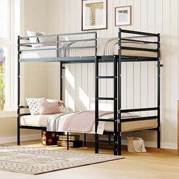 Heavy-Duty Bunk Beds Twin Over Twin, Detachable to 2 Separate Single Beds with Safety Guardrail & Ladder, Loft Bunk Bed Twin with Anti-tip Nails for Teens Adults, Space-Saving Design Black 1