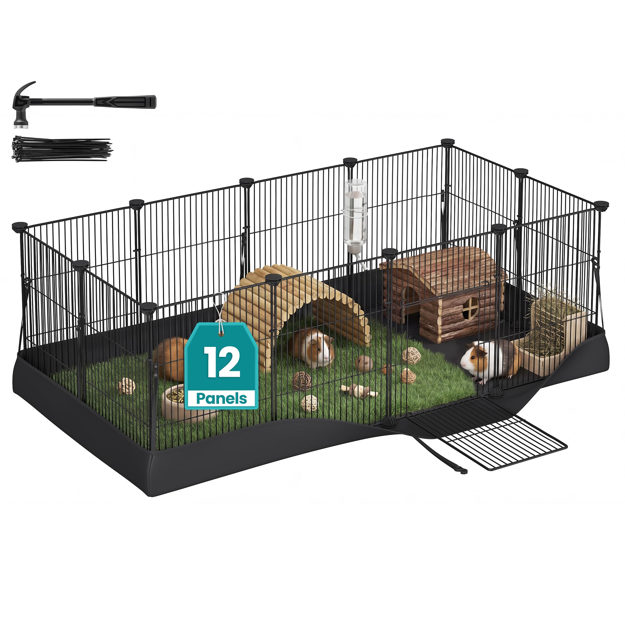 SONGMICS Guinea Pig Playpen, Steel Wire Small Animal Enclosure, with Waterproof Mat and Door, 47.2 x 23.6 x 15.7 inch, Black, Indoor Pet Exercise Pen for Rabbit, Damion Collection ULPI008B101