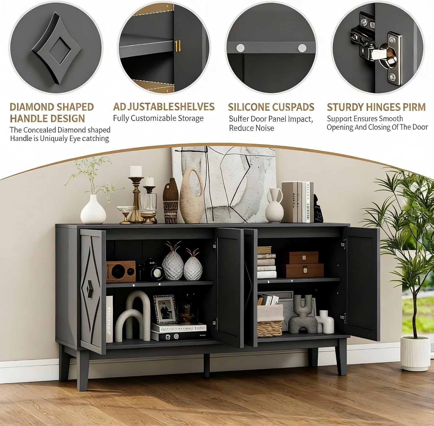 59" Buffet Cabinet with Storage, Vintage Sideboard Buffet Cabinet with Diamond Carved Handle and Adjustable Shelf, 4 Doors Wood Storage Cabinets for Living Room, Entryway, Kitchen