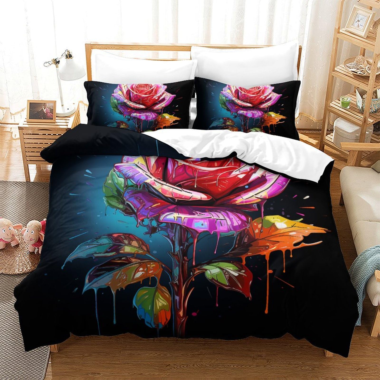 Housse de couette 200x200cm fermeture éclair microfibre 3D parure lit roses