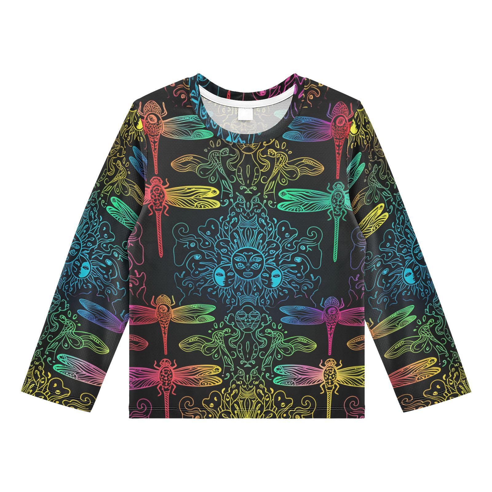 DOMIKING Mandala Dragonfly Sun Black Boys Long Sleeve Rashguard Shirt Kids Quick Dry Swim Shirt for Kids Toddlers 11-12T