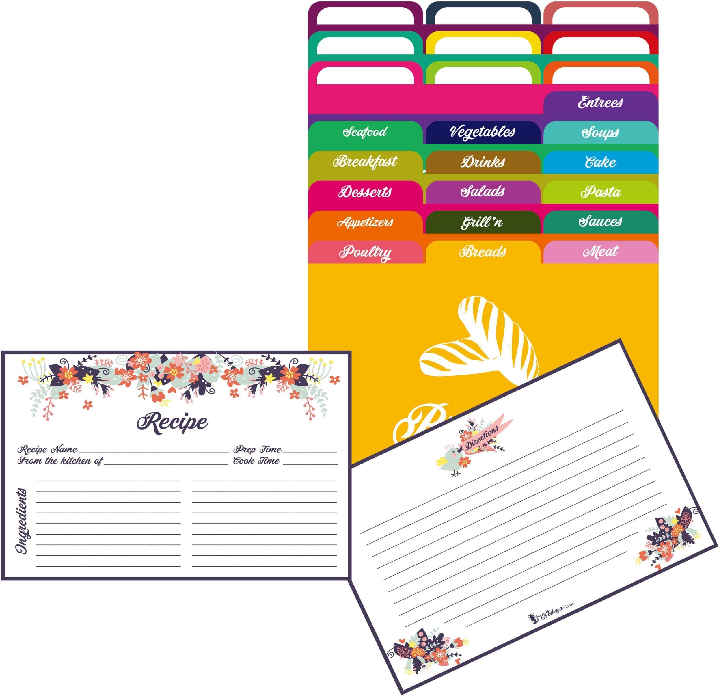 Akshaya Blue Floral Recipe Cards and Dividers Set for Recipe Box - 100 Recipe Cards 4x6 Double Sided and 25 Divider Tabs | Perfect Kitchen Cooking Gift Idea for Bridal Shower Weddings Housewarming