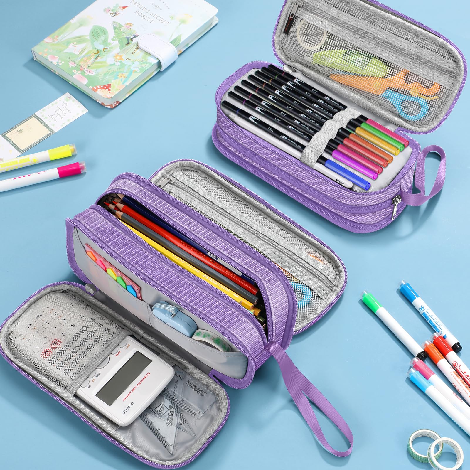 FINPAC Astuccio di Grande Capacità, Portatile Cancelleria Borsa con 3 Scomparti, Portamatite con Cerniera per Scuola Ufficio Studenti Universitari Adulto, (Scomparti-Viola)