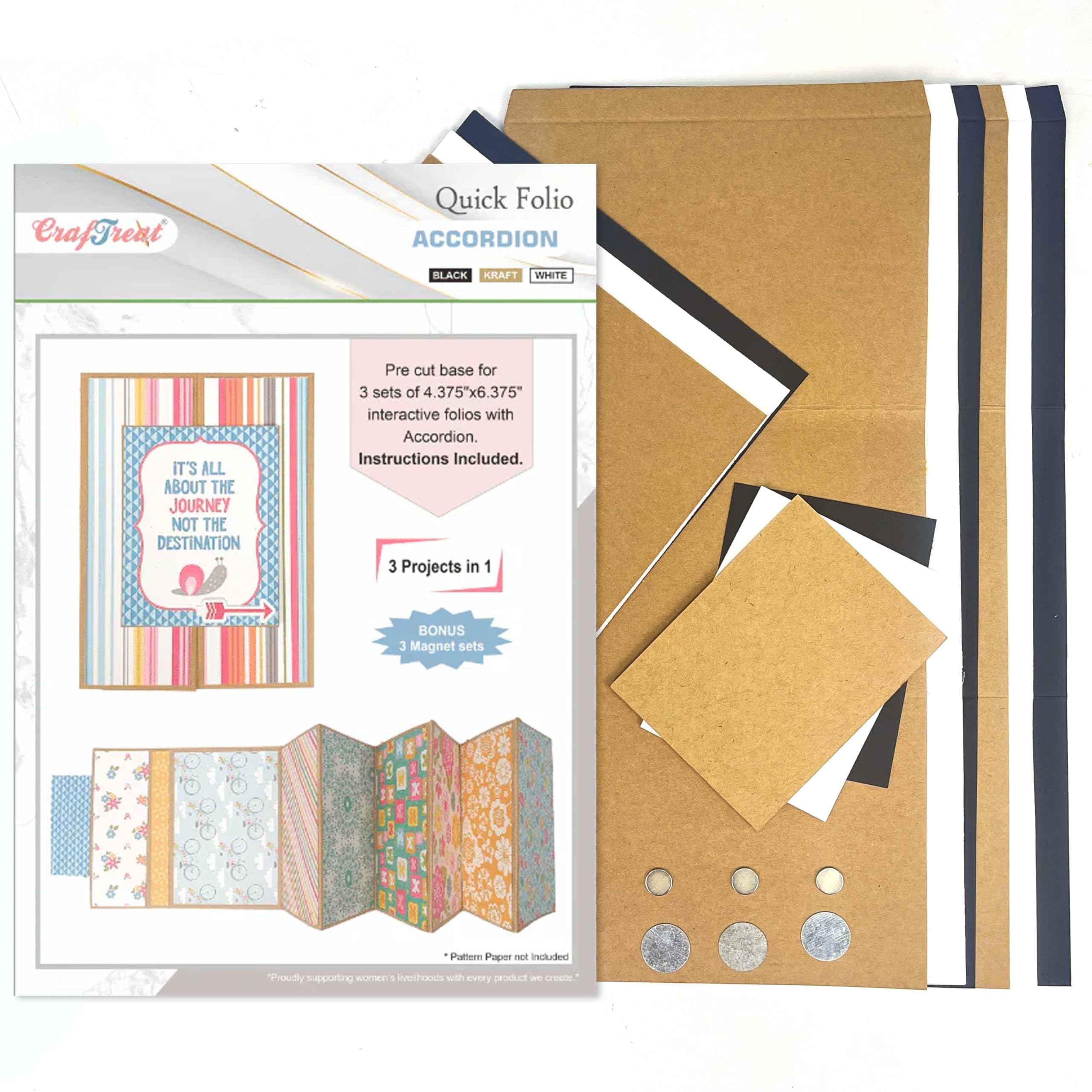 CrafTreat DIY Scrapbook Blank Precut Album Base - Quick Folio Accordion Black Kraft White - Interactive Mini Scrapbook Album for Crafts, Journals, Gifts & Memory Keeping