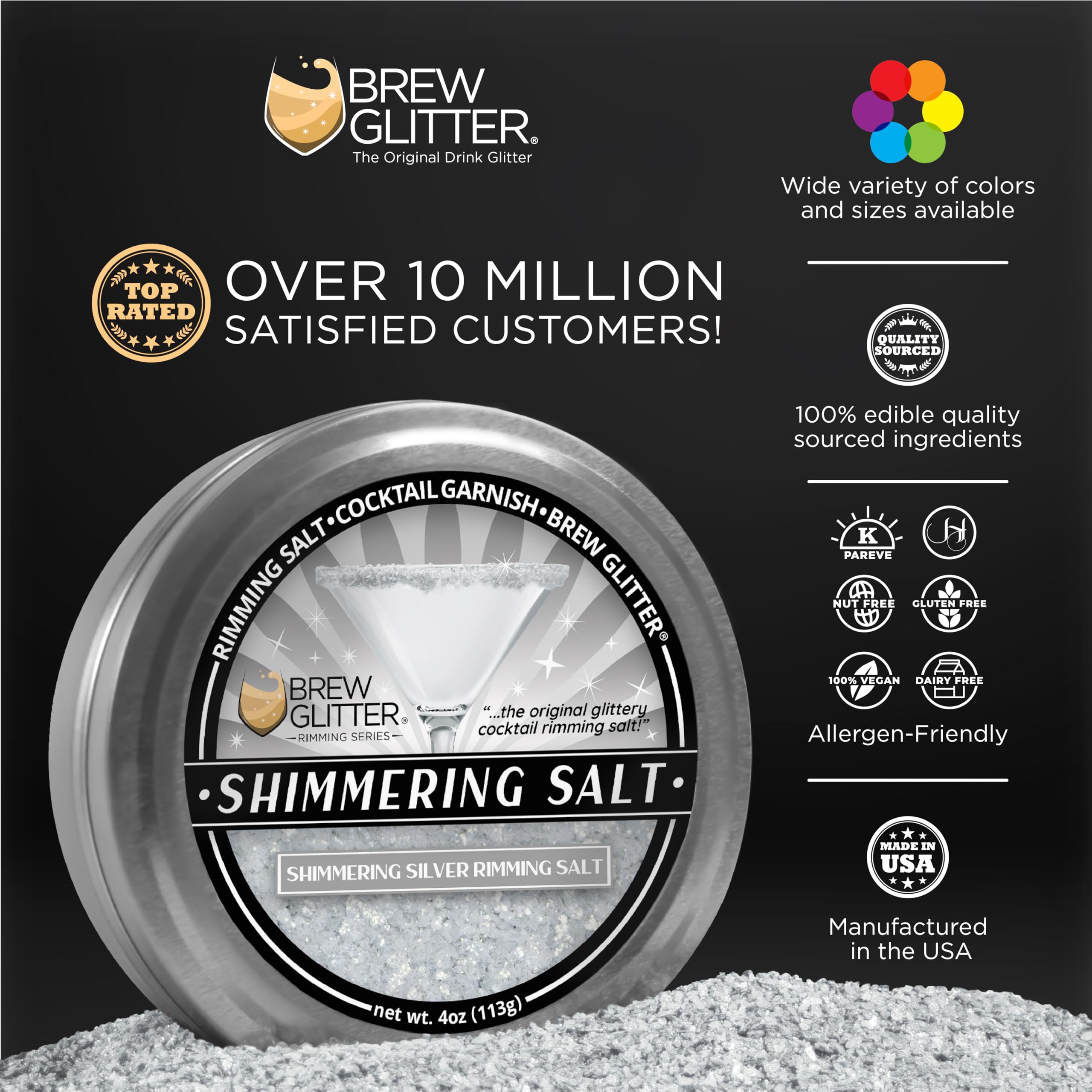 Brew Glitter - Shimmering Silver Rimming Salt (1LB, 1x Resealable Bag) Edible Glitter Blended Cocktail Garnish for Mixed Drinks and Beverages