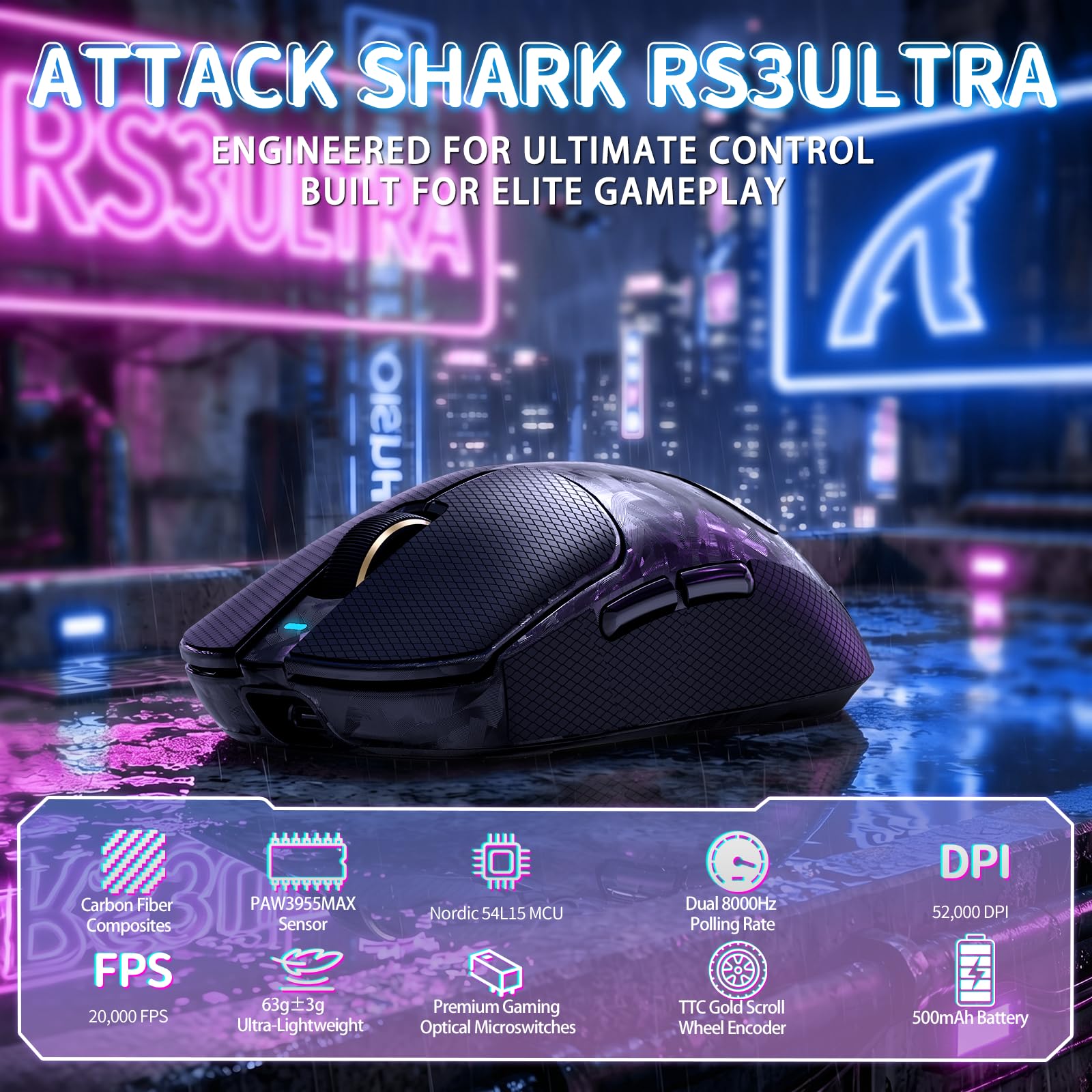 MAMBASNAKE ATTACK SHARK RS3 ULTRA Souris Gaming Sans Fil Fibre Carbone, MCU Nordic 54L15, Capteur PAW3955MAX, Jusqu’à 52000 DPI, 66g Ultra-Légère, Dual 8000Hz, Design Dongle Shark-Fin,for PC/MAC, Noir
