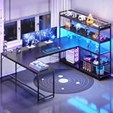 L Shaped Gaming Desk&comma; 63&apos;&apos; Reversible Computer Desk with Power Outlet and Storage Shelves&comma; Corner Gaming Desk with LED Lights&comma; Bookshelf for Home Office&comma; Black
