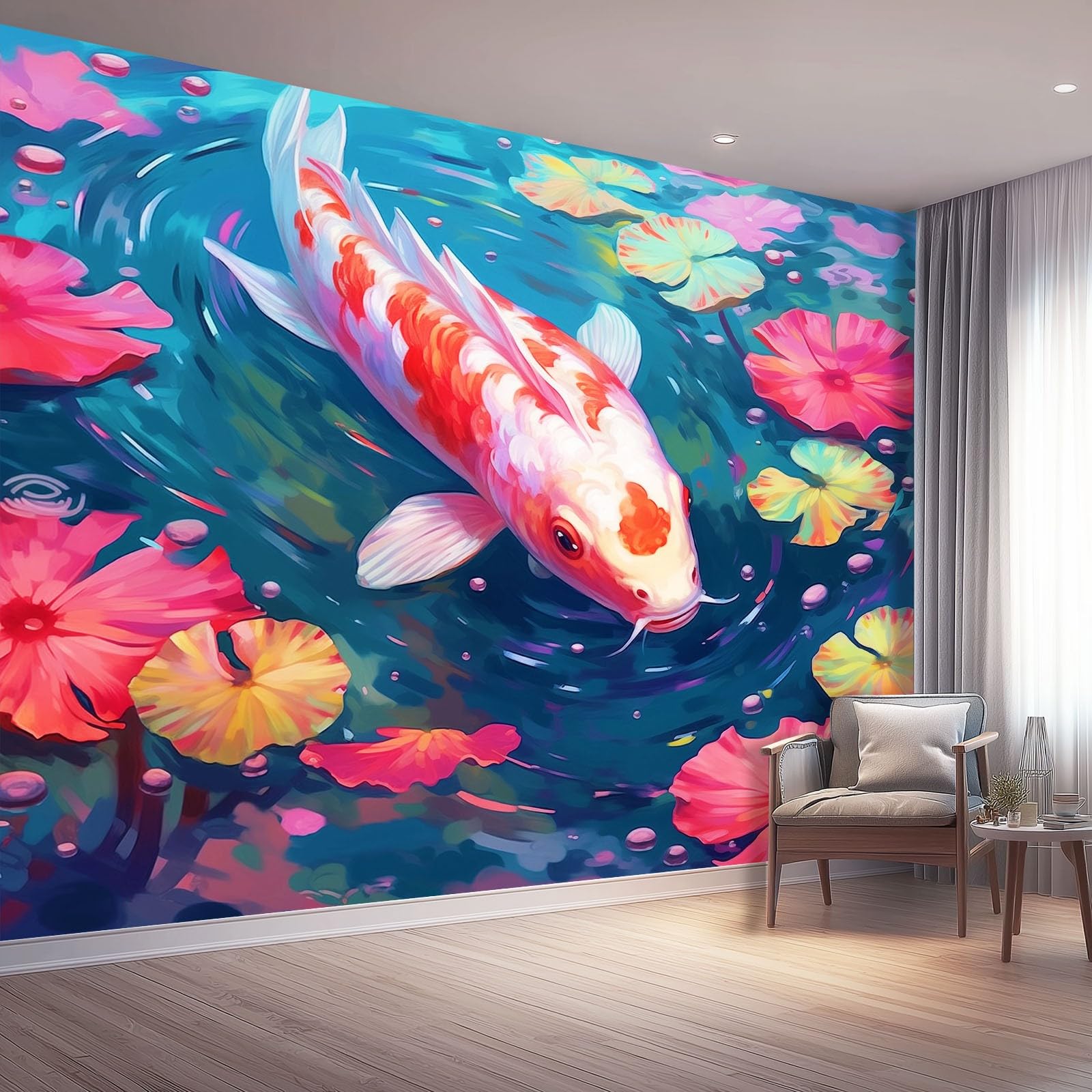 Tapeta z motywem 250 x 175 cm, ryba po chińskim stylu, tapeta z motywem lotosu do pokoju dziecięcego i kącika do majsterkowania, czerwono-zielona