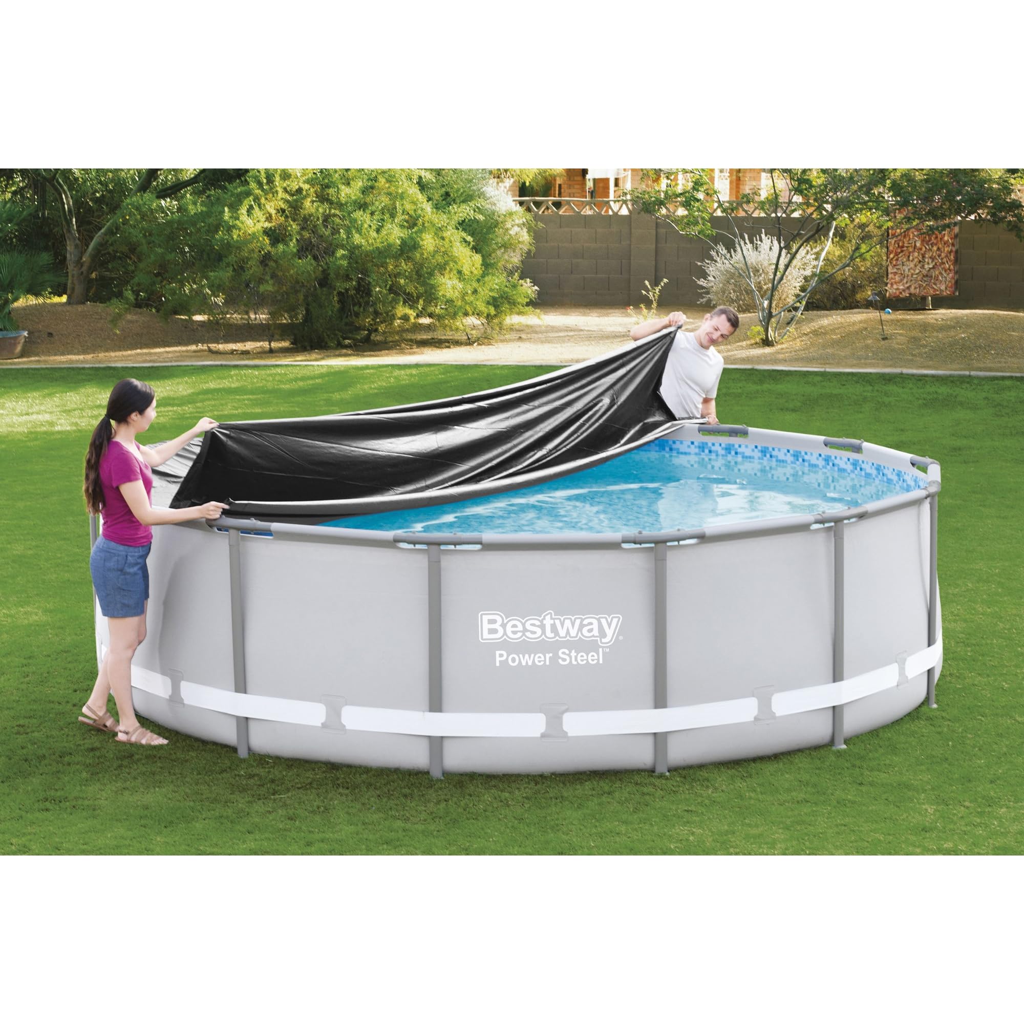 Bestway Flowclear PVC-Poolabdeckung rund 4,6 m für oberirdische Rahmenpools mit Abflusslöchern und sicheren Spannseilen, Schwarz (nur Abdeckung)