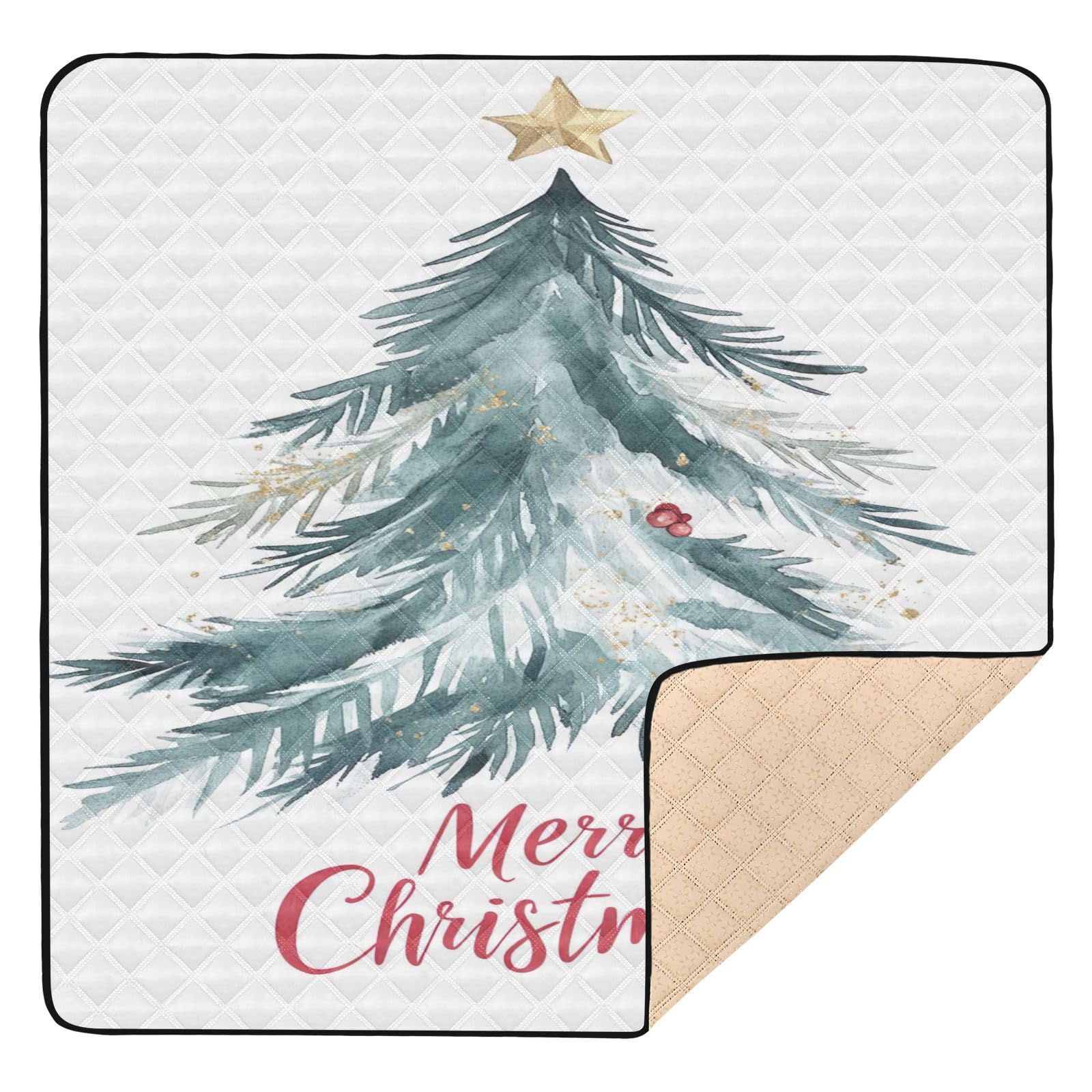 BOESI Doodle Merry Christmas Pattern Baby Play Mat, 50“ X 50” Washable Folding Crawling Mat, Baby Floor Mat, Soft, Thick, Non-Slip