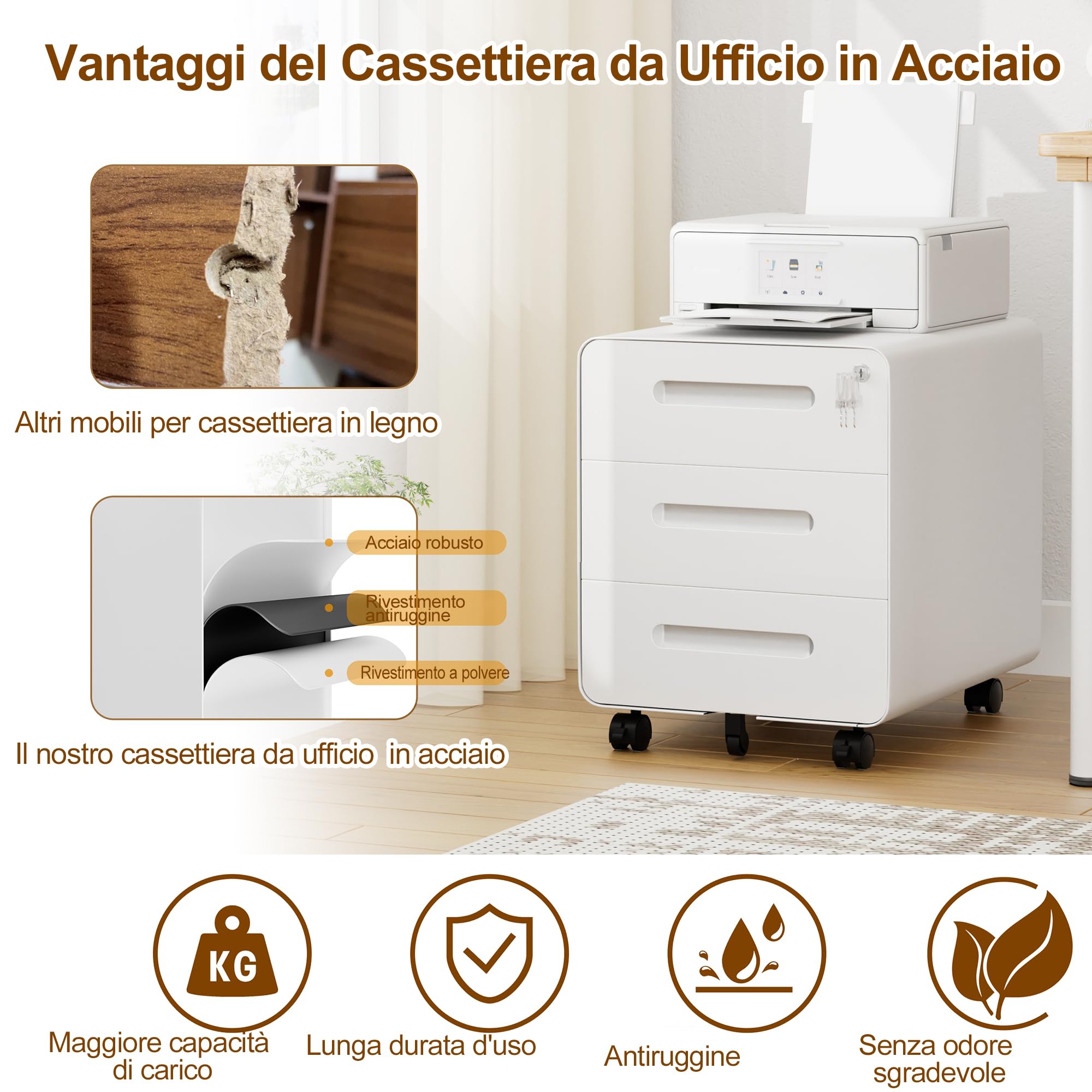 Cassettiera Scrivania Mobile, Cassettiera con Serratura, 4 Chiavi, 3 Cassetti, in Acciaio, Angoli Arrotondati, Preassemblato, 46P x 40l x 50H cm, Bianco