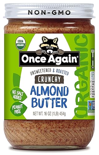 Once Again Mantequilla de almendras crujiente orgánica, 16 onzas, tostada, sin sal, sin azúcar, orgánica USDA, sin gluten, sin maní, vegano, kosher,