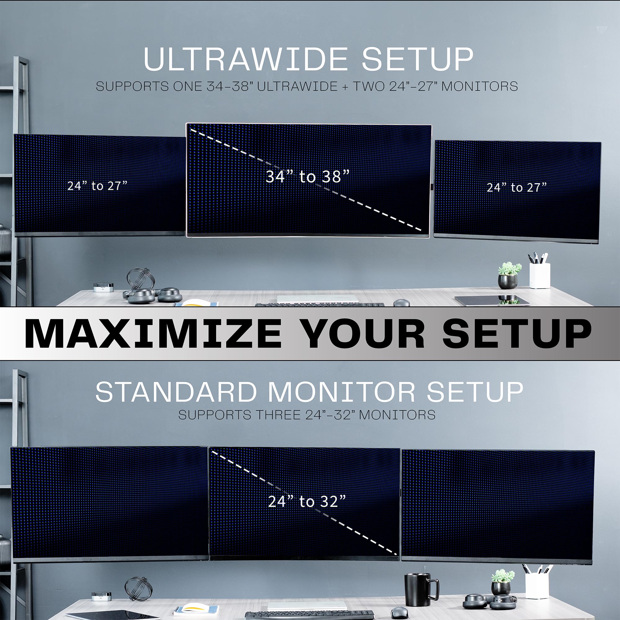 Vivo MOUNT-TS03C Support Mural pour Triple Moniteur, 3 écrans jusqu'à 10 kg, Ultra Large sur Le Support Central jusqu'à 96,5 cm, Bras télescopiques réglables, Montage Mural, Noir