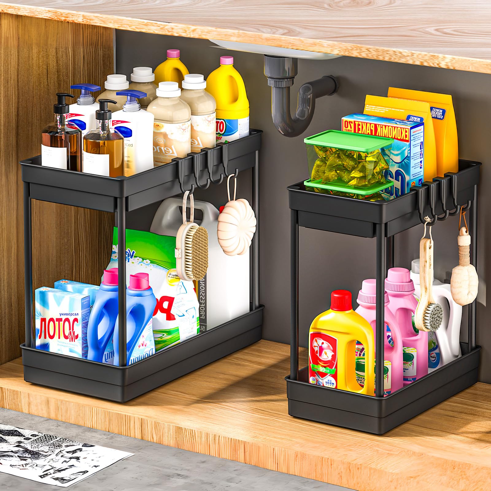 MEAFBIRD 2 Pack Under Sink Organizer, 2 Tier Bathroom Cabinet Organizer With Sliding Basket, Multi-Purpose Under Sink Organizers And Storage For Bathroom Kitchen