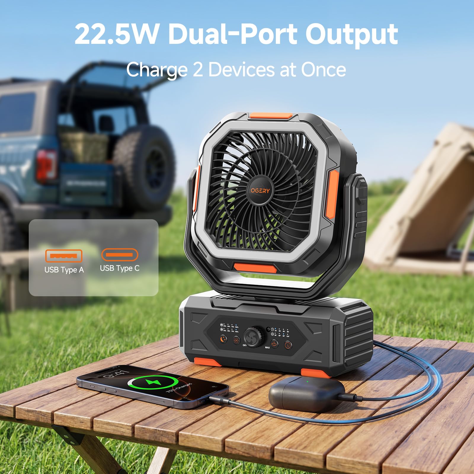 OGERY Camping Ventilator, Tragbarer Ventilator Wiederaufladbar mit 20000mAh Akku, Stufenlose Geschwindigkeitsregelung, Schnellladung, Fernbedienung & LED Laterne für Zelt, Reisen, Auto Camping