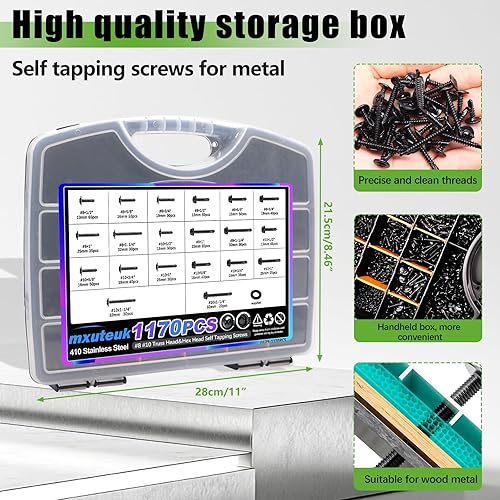 Miniatura 3 de mxuteuk 1170 tornillos autorroscantes #8#10 para metal, 410 tornillos autoperforantes de acero inoxidable, cabeza de armadura y cabeza hexagonal de