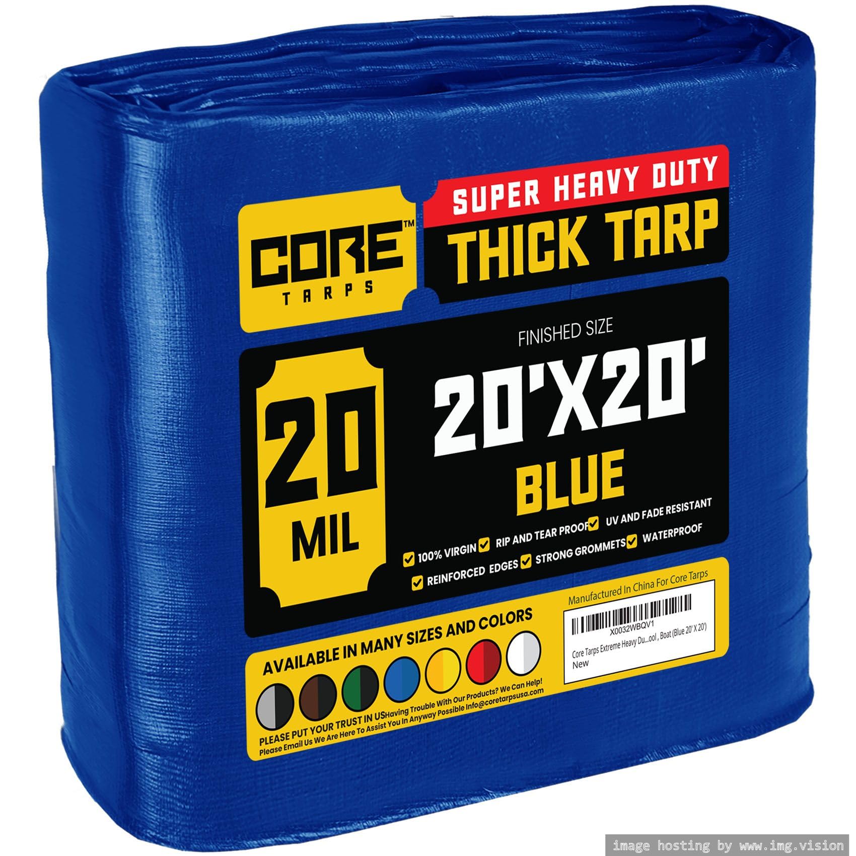 Core Tarps Extreme Heavy Duty 20 Mil Tarp Cover, Waterproof, UV Resistant, Rip and Tear Proof, Poly Tarpaulin with Reinforced Edges for Roof, Patio, Pool, Boat (Blue 20′ X 20′)