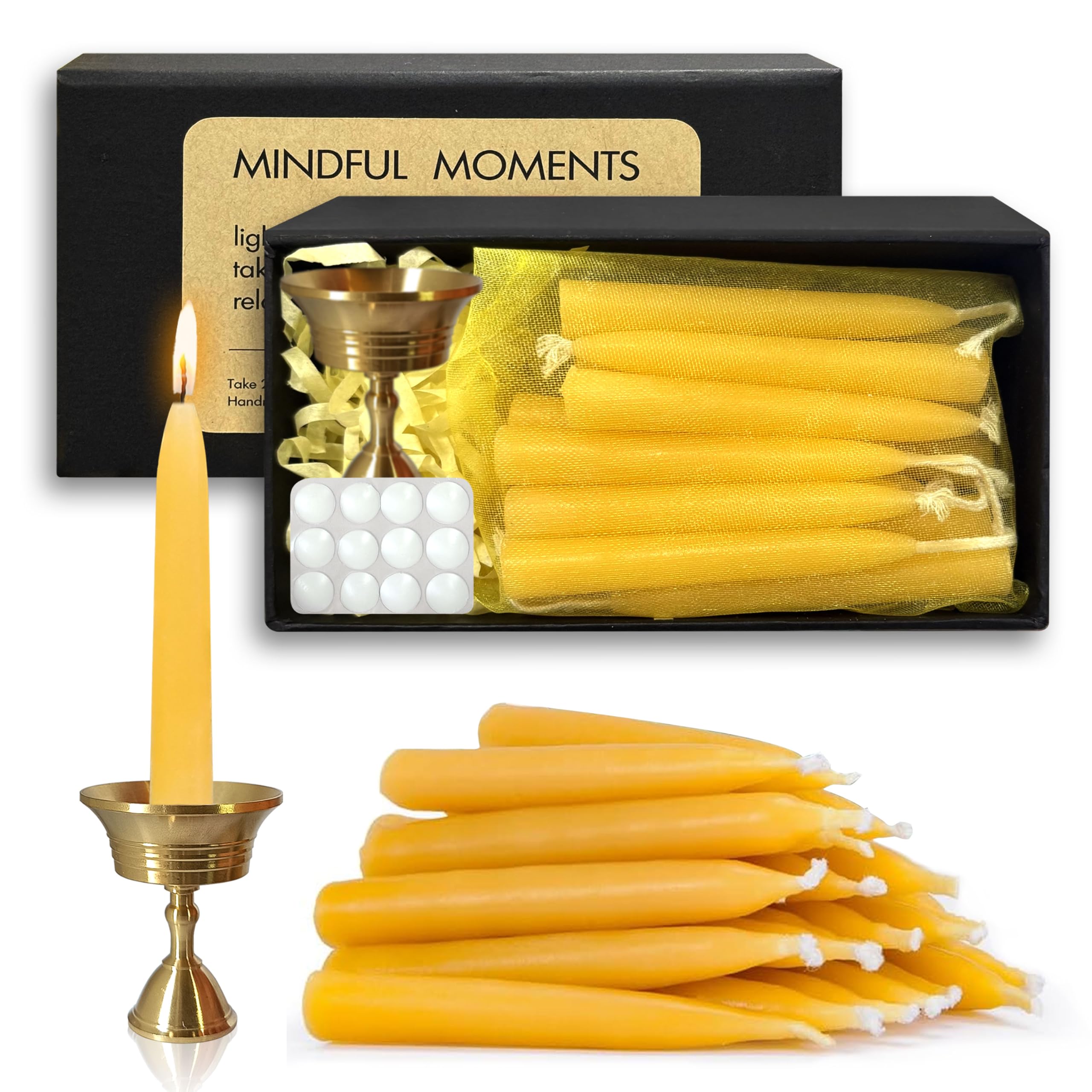 20 Min Beeswax Meditation Candles – 30 Pack, Includes Mini Candle Holder & 12 Wax Dots, Slow Burn, Natural Unscented, Yoga Prayer Mindfulness & Relaxation