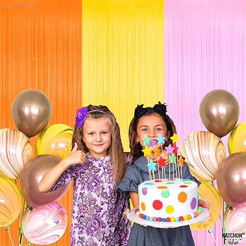 Miniatura 4 de KatchOn, Telón de fondo de flecos naranja, rosa y amarillo, paquete de 4, cortina de fondo de papel de aluminio, dos pancartas geniales | Dos