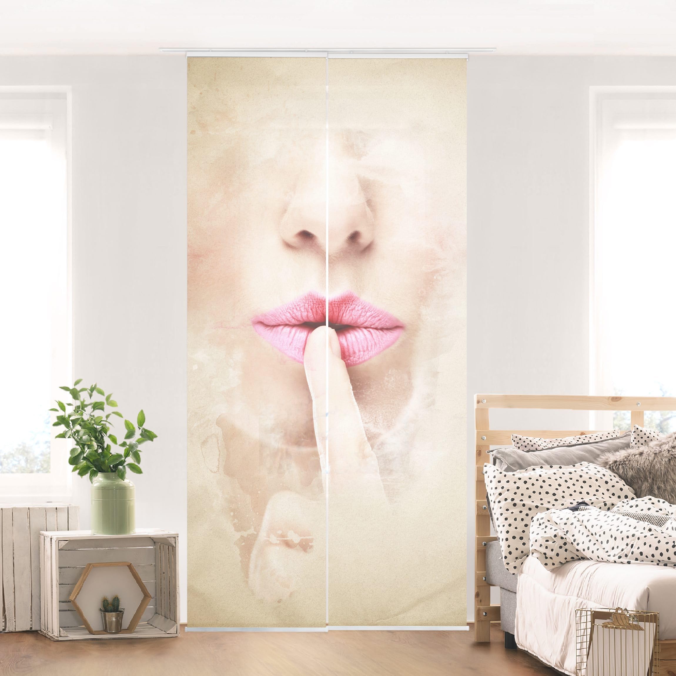 Schiebegardine halbtransparent 60er Paneel Klett Portrait Textil lichtdurchlässig - Motiv Modern Flächenvorhang beige Wohnzimmer Schlafzimmer 1479 (120x250 cm - 2er Set)