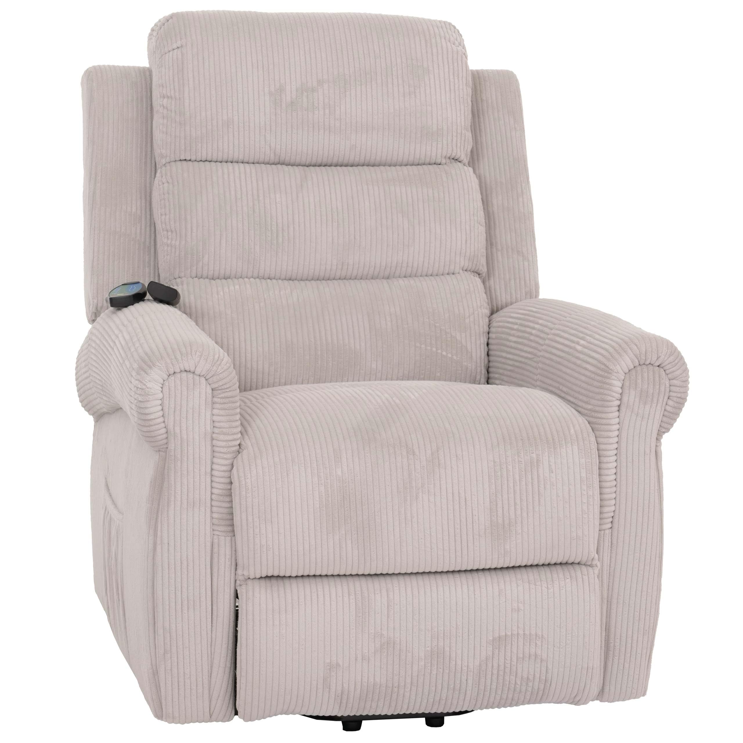 Mendler Fernsehsessel HWC-K63, Relaxsessel, Liegefunktion Aufstehhilfe Massage Heizfunktion, Stoff (220g/m²) Cord - hellgrau