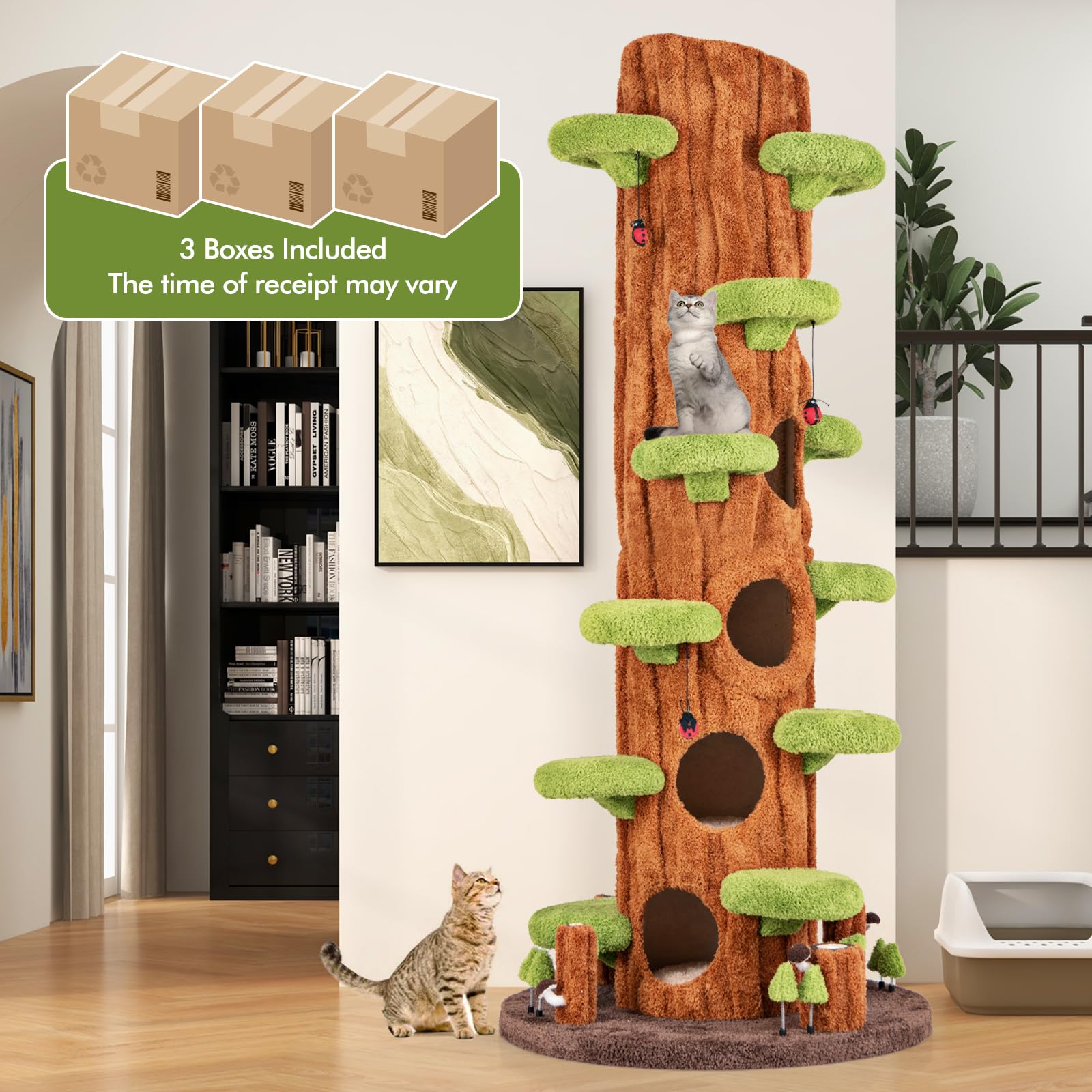 PETSITE 90.5 Inch Tall Cat Tree, Tree-Like Modern Cat Tower with Sisal Scratching Pad, Five Cat Condos, Multiple Jumping Platforms, Cute Hanging and Spring Toys, Large Cat Tree Tower for Indoor Cats