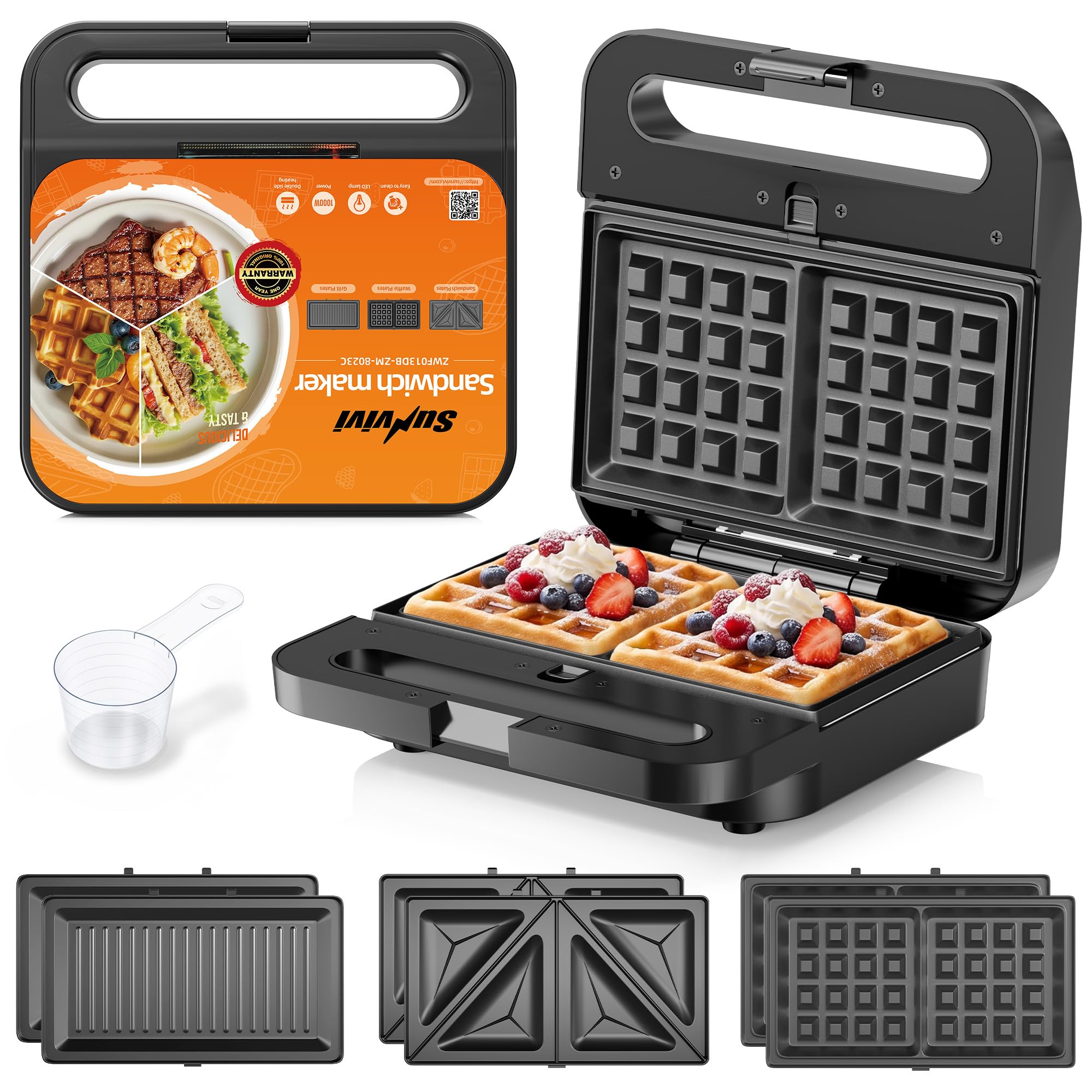 3 in 1 Electric Sandwich Maker with Removable Nonstick Plates - 1000W,Black