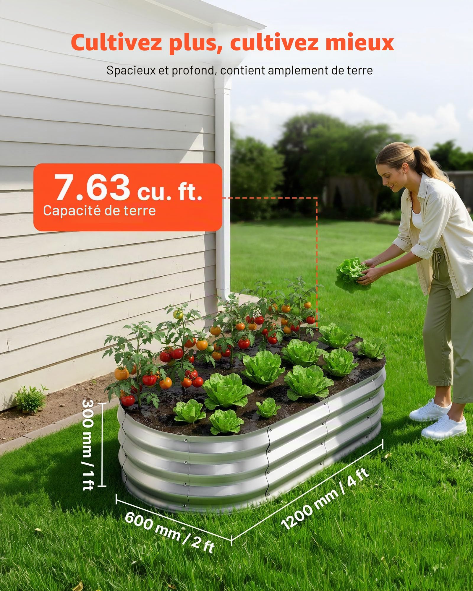 VEVOR Potager Surélevé Métal 120x60x30 cm Carré Potager Surélevé Lot de 2 Lit de Jardin Ovale pour Extérieur Culture Fruits Légumes Fleurs, Fond Ouvert, Galvanisé Aluminium-Zinc, avec Gants, Argenté