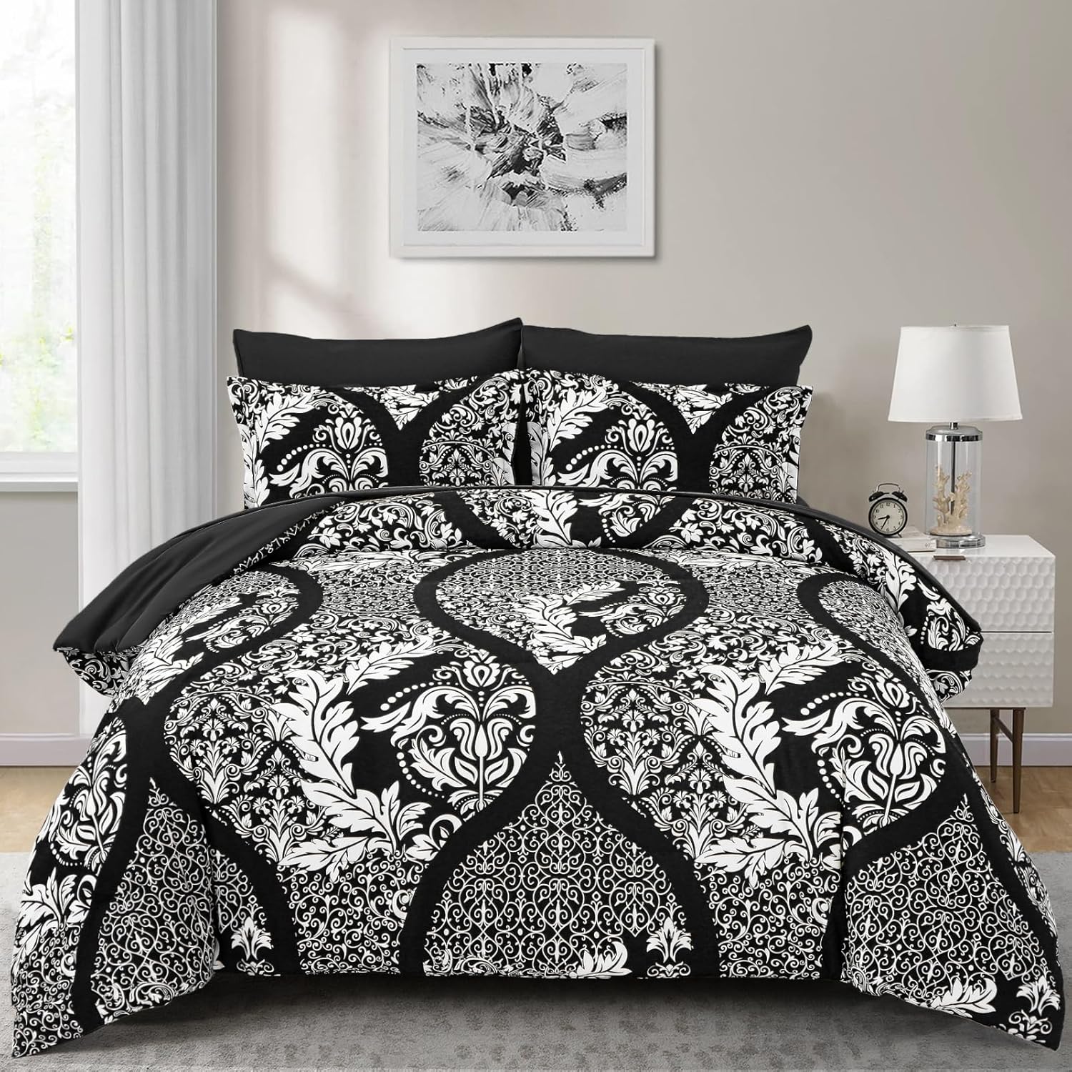 Anibedding Black Comforter Set King Size, 7 Pieces Bohemian Damask Comforter Set Soft Lightweight Microfiber Bedding Set for All Season (104"x90") Black King
