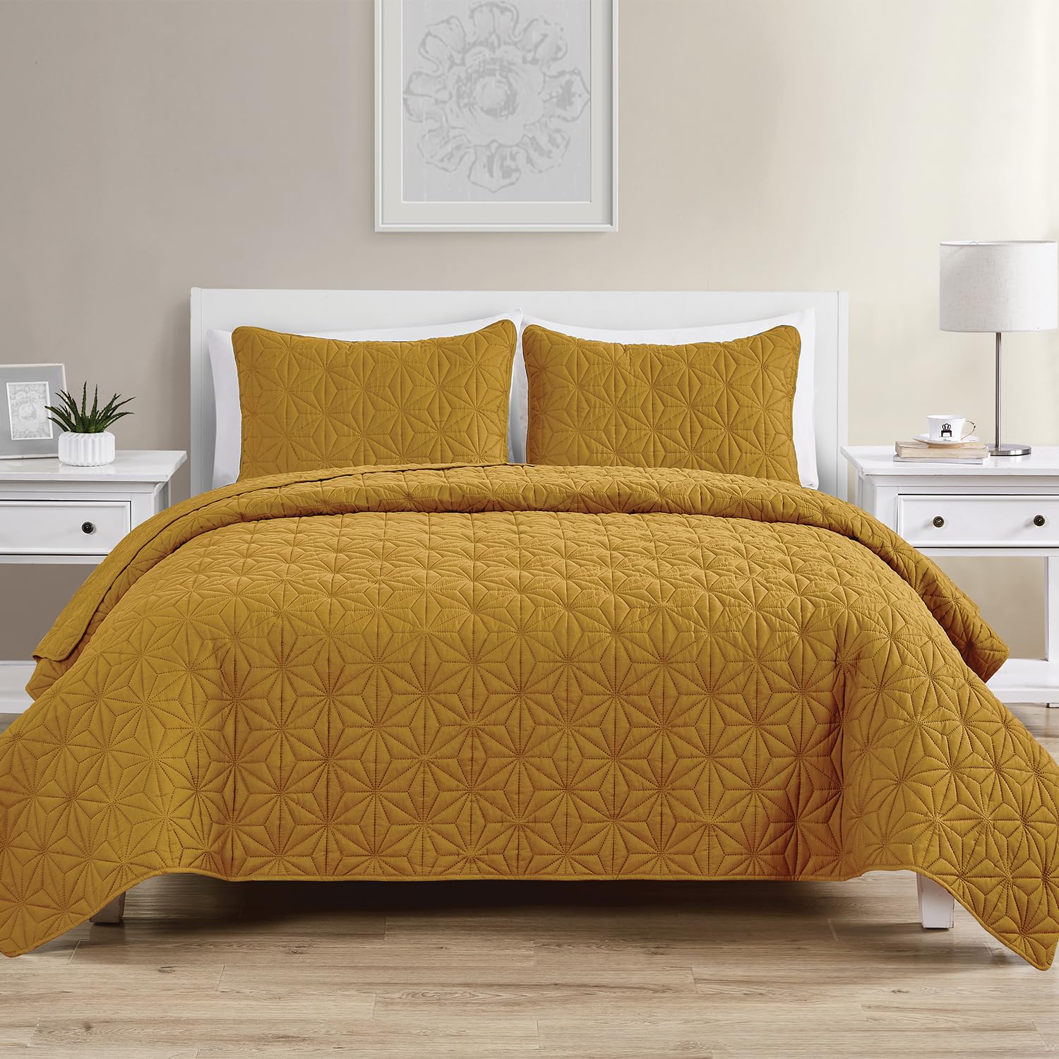 VCNY Home Quilt Set-Ultra Soft, Wrinkle Resistant & Reversible Bedding Breathable and Lightweight for Hot Sleepers, King, Gold