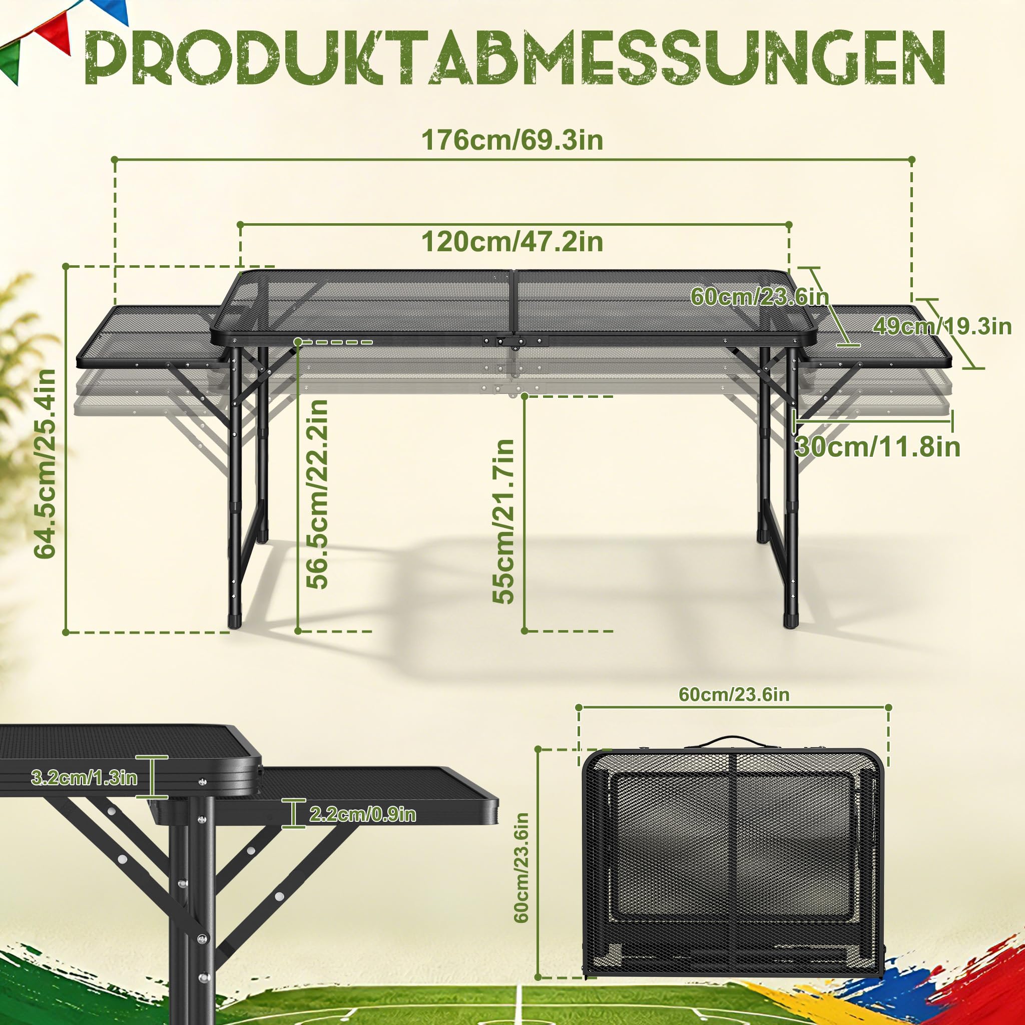 Przenośny stół kempingowy 120 x 60 cm, z regulacją wysokości i składany stół ogrodowy z metalową płytą z siatki, rozszerzalny stół grillowy na kemping, piknik, do ogrodu, na zewnątrz