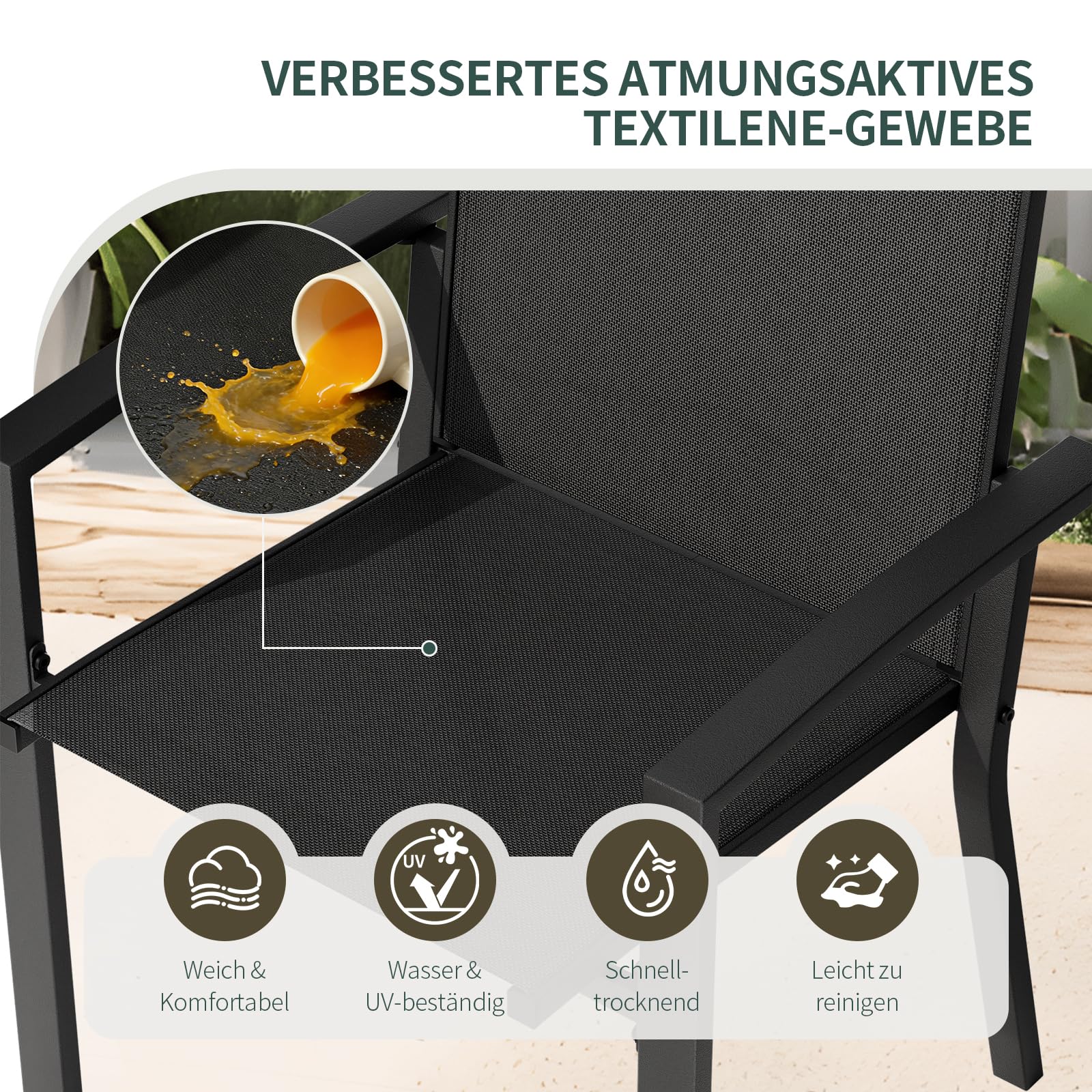 Amopatio 4er Set Gartenstühle Stapelbar mit Armlehnen - Gartenstuhl Hochlehner aus Textilene & Metall, wetterfest & rostbeständig - Komfortabler Gartensessel für Garten, Balkon und Terrasse, Schwarz