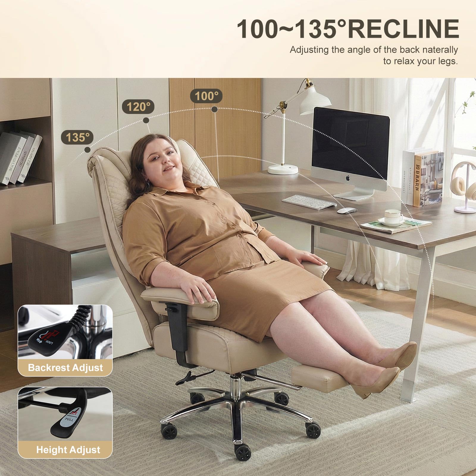 EXCEBET Big and Tall Office Chair 400lbs Wide Seat, Leather High Back Executive Office Chair with Foot Rest, Ergonomic Chairs Lumbar Support for Lower Back Pain Relief (Beige) - 4