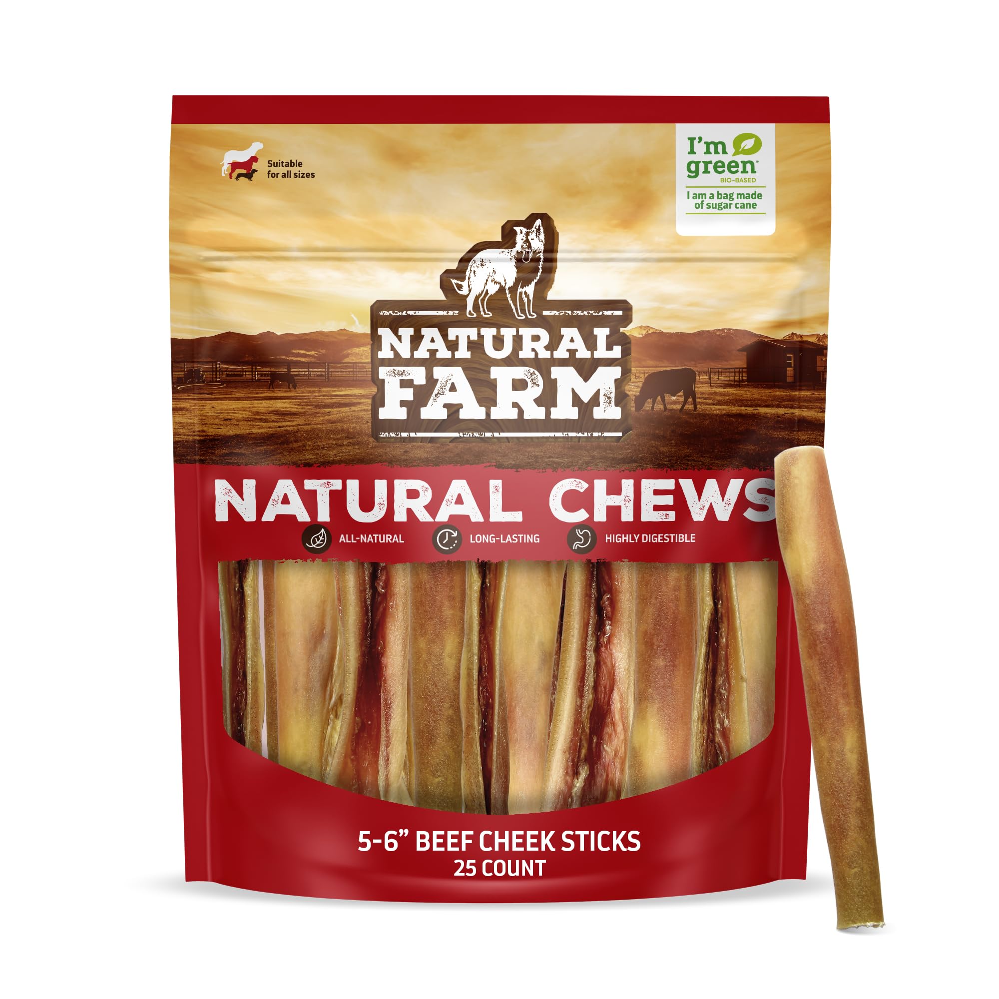 Natural Farm Bully Cheek Stick, 5-6-Inch (25-Pack)- Best Bully Stick Alternative, 100% Natural Beef Cheeks for Dogs- High Protein, Cleans Teeth Treats, Long Lasting Beef Chews for All Dog Sizes