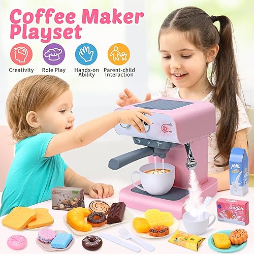 Miniatura 2 de CUTE STONE Juego de café de juguete, cafetera para niños con sonido y luz, vapor realista, juego de cocina con comida de juego, accesorios de cocina