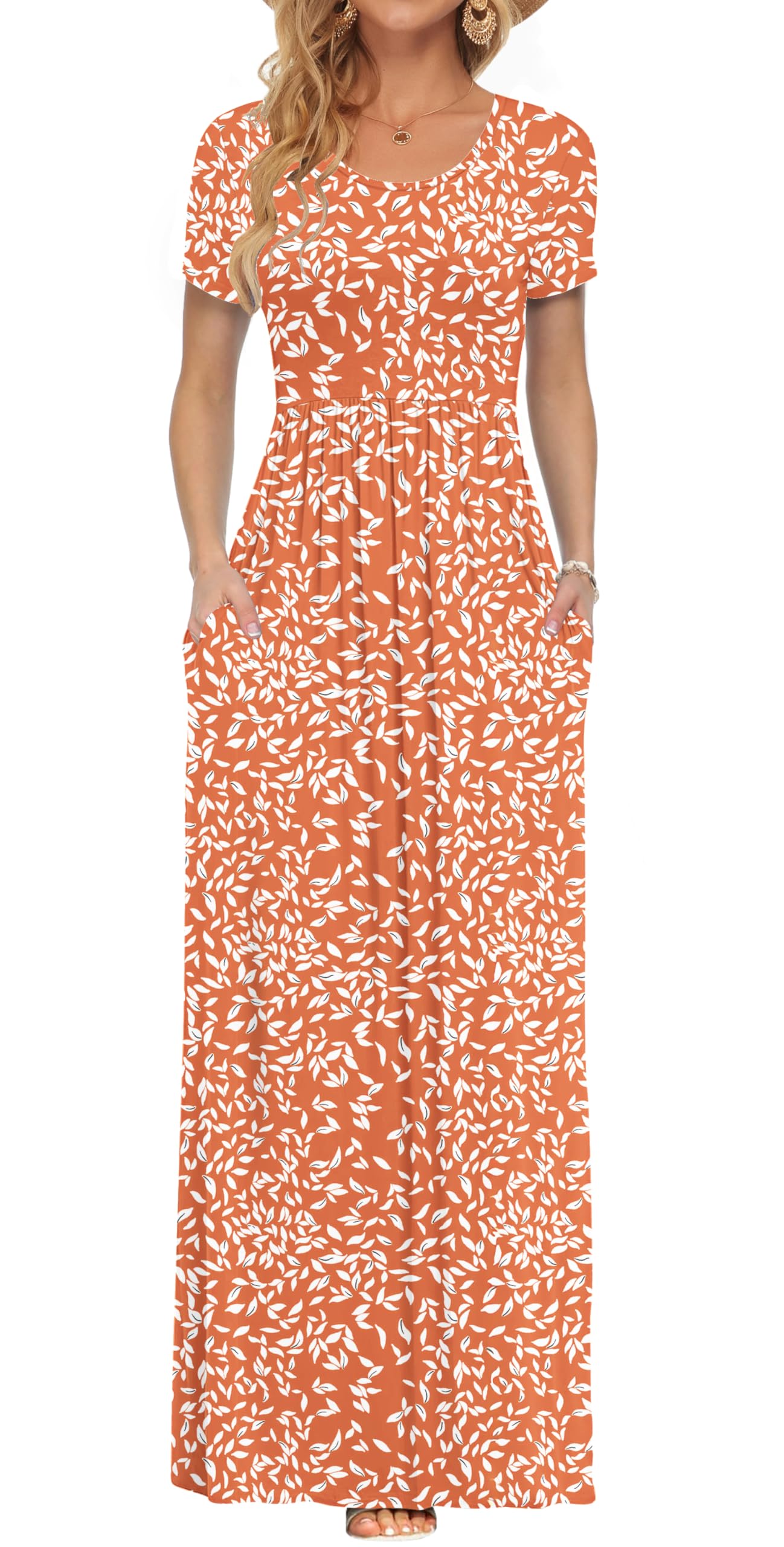 AUSELILY Women's Summer Short Sleeve Loose Plain Casual Long Maxi Dresses | Year Round wear solid floral print, Casual wear, Empire waist, Floor length, Side pockets