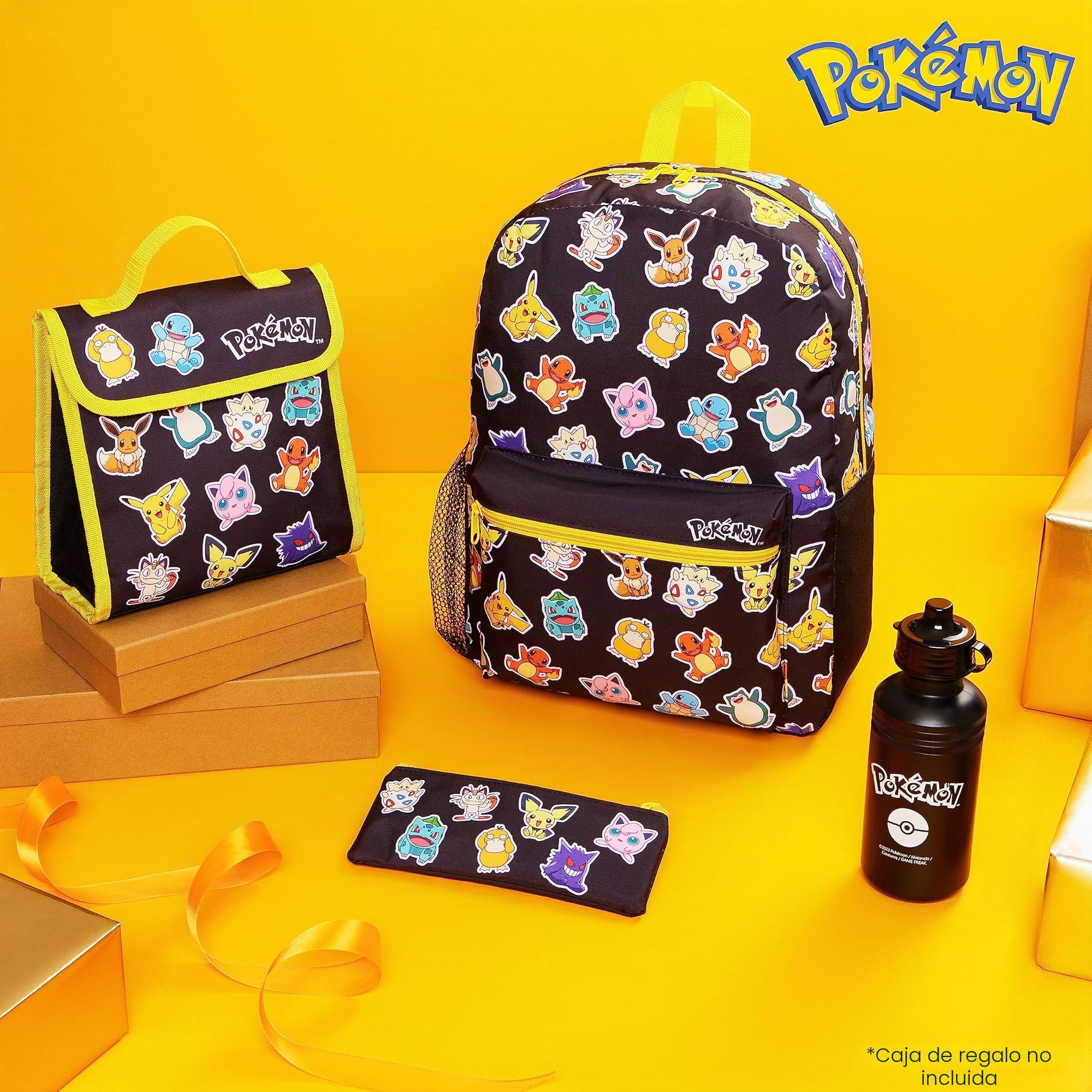 Pokémon Mochila Escolar Set Mochilas Escolares 4 Piezas con Botella de Agua Bolsa Almuerzo Estuche Infantil o Cartera Anime Material Escolar (Negro/Multi Set 4 Pzs)