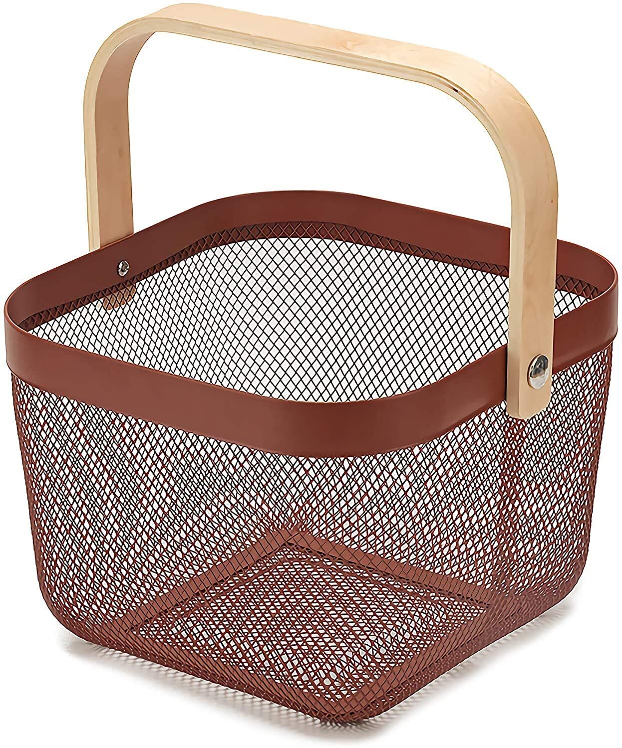 Cesta de malla de metal con mango de madera, elegante bolsa de almacenamiento de frutas y verduras, para la cocina, decoración del hogar, color rojo marrón (color: rojo marrón)