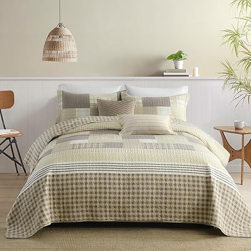Miniatura 1 de Juego de ropa de cama 100% algodón Fashions Farmhouse Coffee Plaid Patchwork reversible, suave y ligero, colcha (cuadros marrones, Queen, 3 piezas)