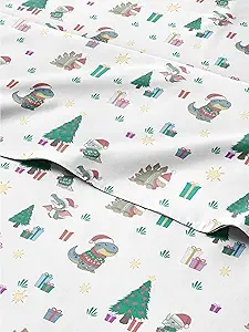 Split King Christmas Dinosaurs Sheet Set - Holiday Xmas Pattern Bedding Set - Deep Pockets - Snug Fit - 5 Piece - Wrinkle Free & Cozy - Festive Winter - Holiday Sheets for Women, Men, Kids and Teens