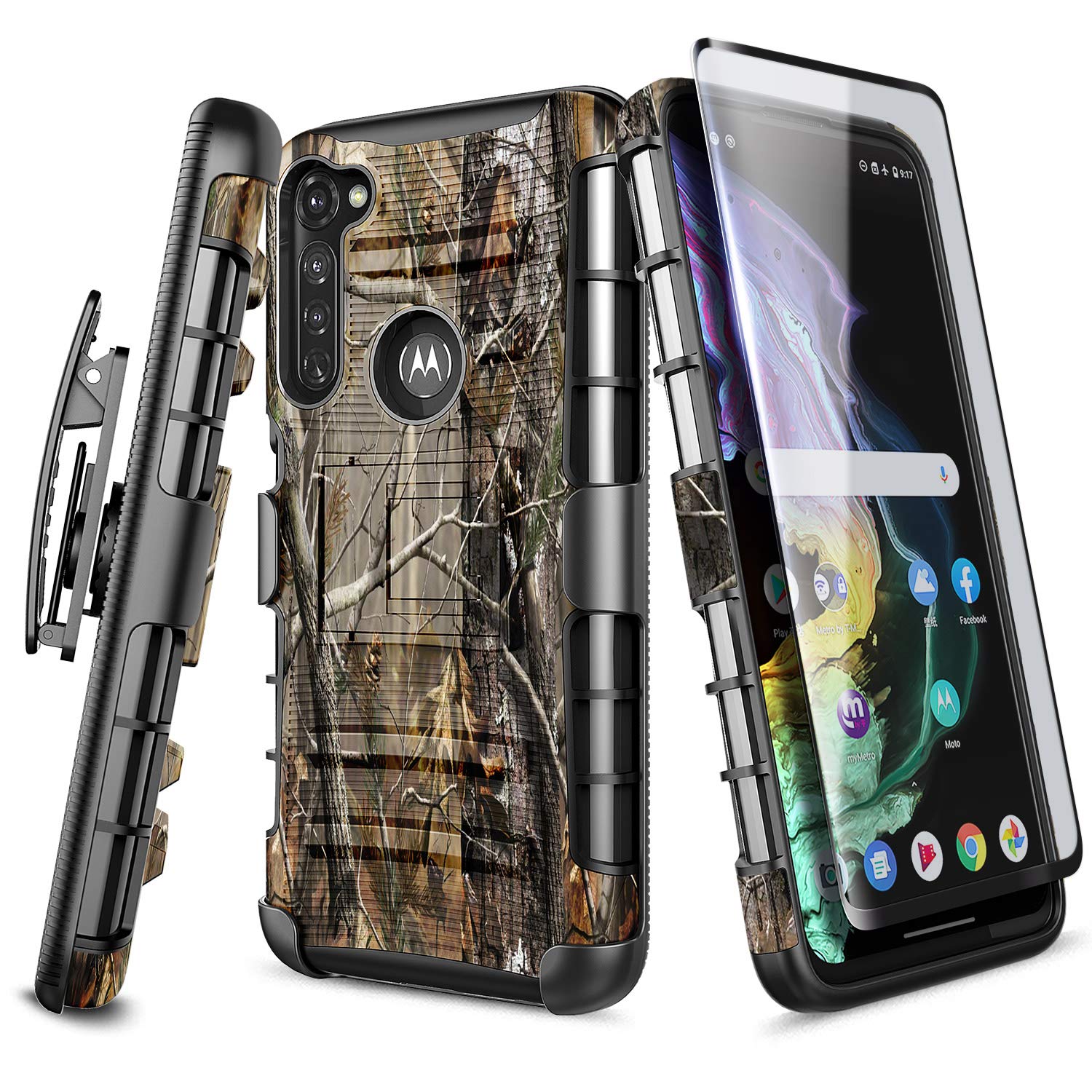 E-Began Case for Motorola Moto G Stylus, Moto G Pro (2020) with Tempered Glass Screen Protector (Full Coverage), Belt Clip Holster Kickstand Heavy Duty Armor Defender Shockproof Rugged Case Black