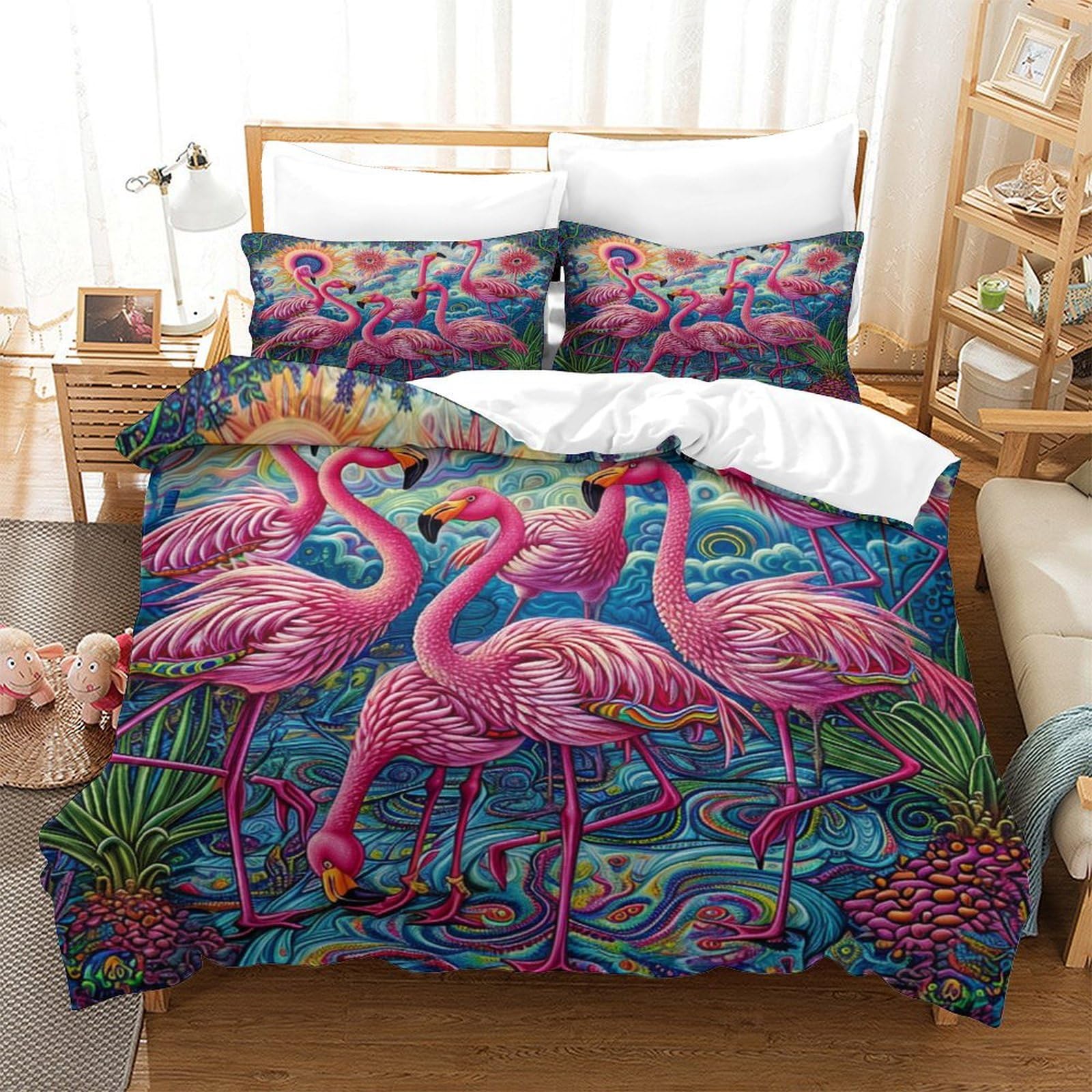 Stampato in 3D Fenicottero Copertina Stampata Microfibra Disegnata Biancheria Da Letto Stile Morbido Con 2 Federe,Double（200x200cm）, Per Ragazzi Adulti