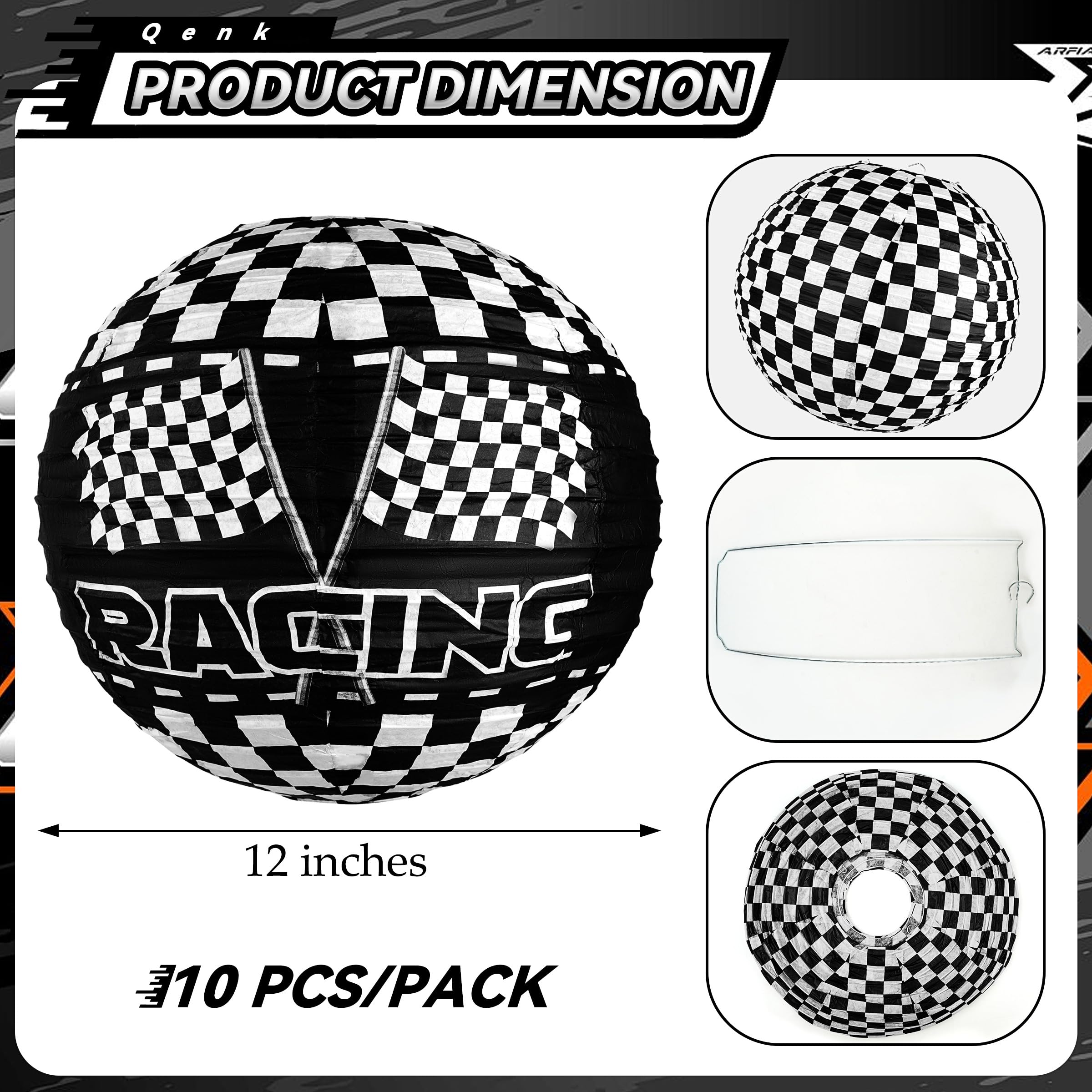 10 PCS Race Car Paper Lanterns 12 in Black and White Checkered Paper Lanterns Racing Car Themed Hanging Round Paper Lanterns for Birthday Wedding Baby Shower Party Supplies