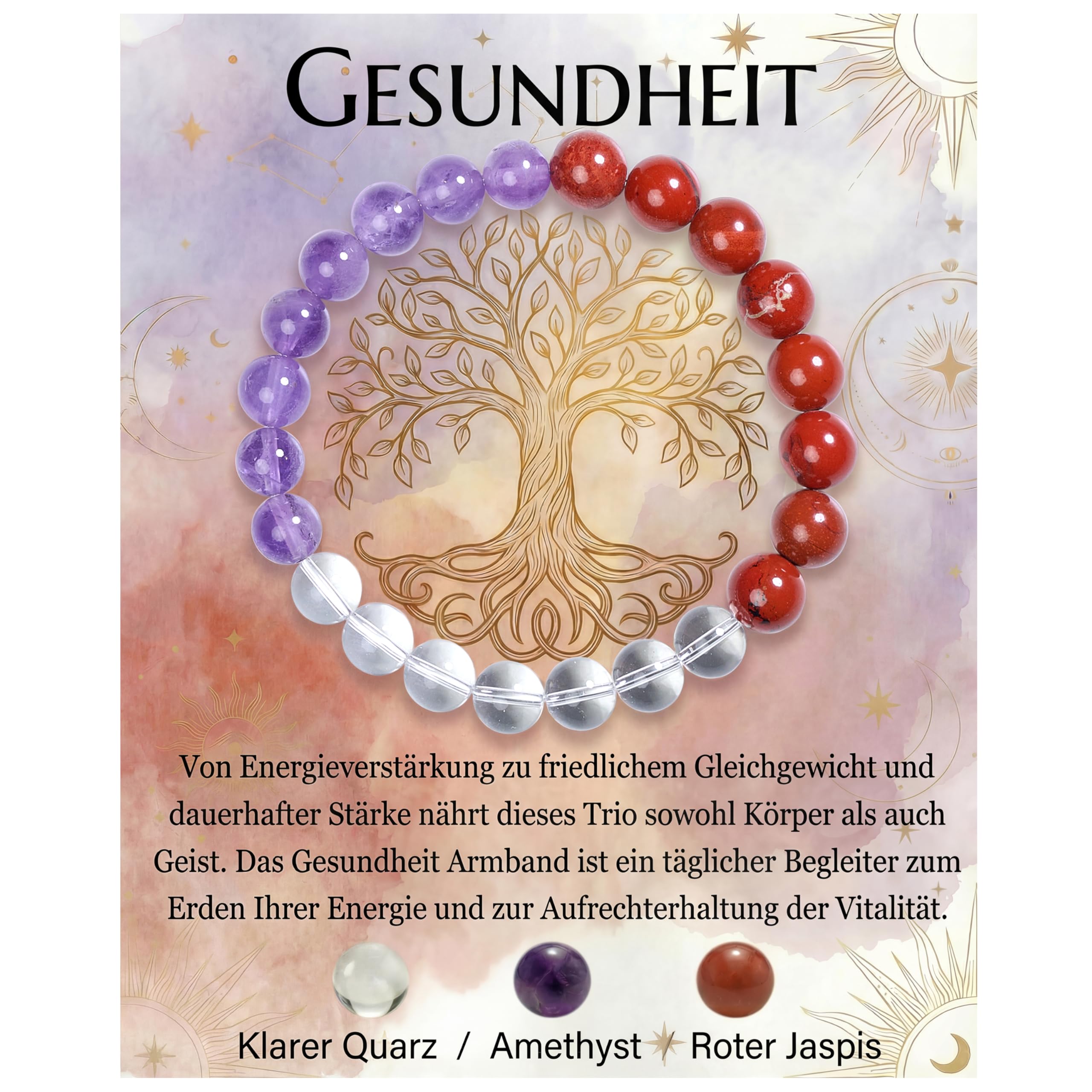 Bivei Gesundheits-Armband, Stärkendes Kristall-Heilungsarmband 8MM mit Klarem Quarz, Amethyst und Roter Jaspis - Dehnbares Elastischer Perlenarmband für Damen & Herren als Geschen