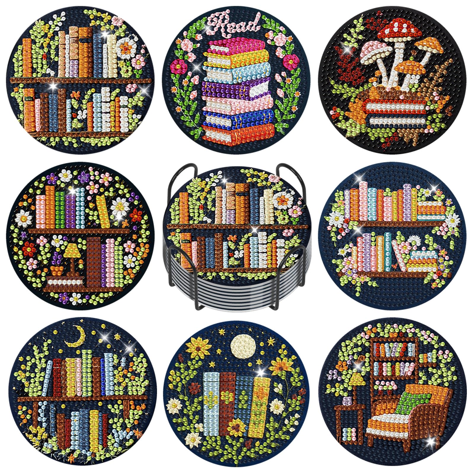 GEEHEIY 8 Pcs Bookshelf Diamond Art Coasters Kit for Adults, DIY 5D Book Diamond Painting Coasters with Holder, Book Lover Coasters for Coffee Table, Reading Room, Library Decor, Housewarming Gift