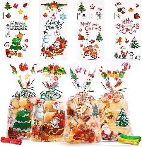 JMANNI 120 bolsas de celofán de Navidad, bolsas transparentes de celofán de Navidad, bolsas de dulces dulces de celofán de Navidad, bolsas de fiesta