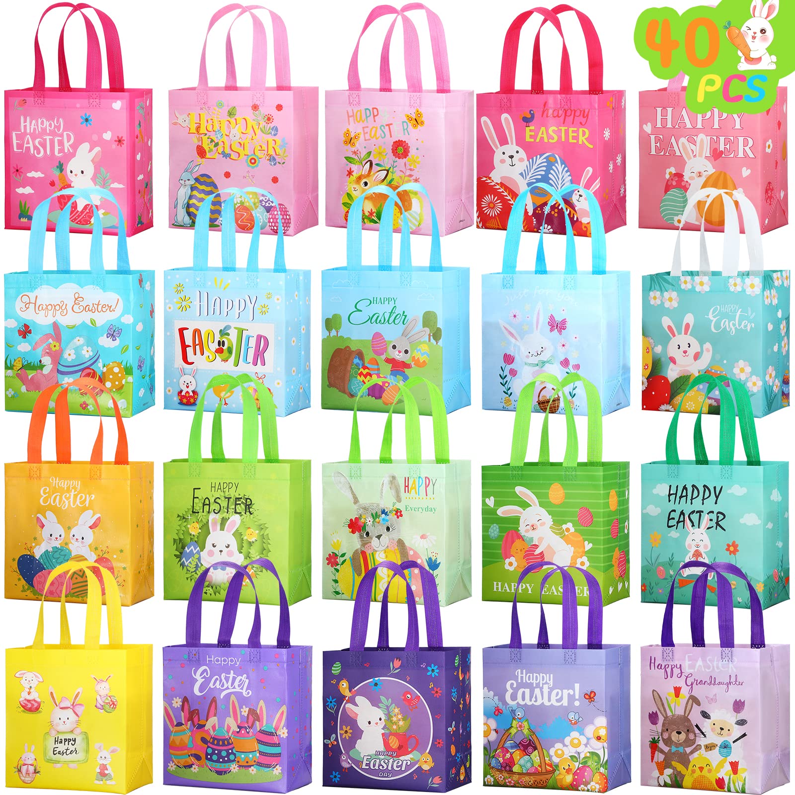 Tudomro 40 Pieces Easter Tote Bags with Handles Bunny Non Woven Bags Reusable Easter Grocery Shopping Bag Kitchen