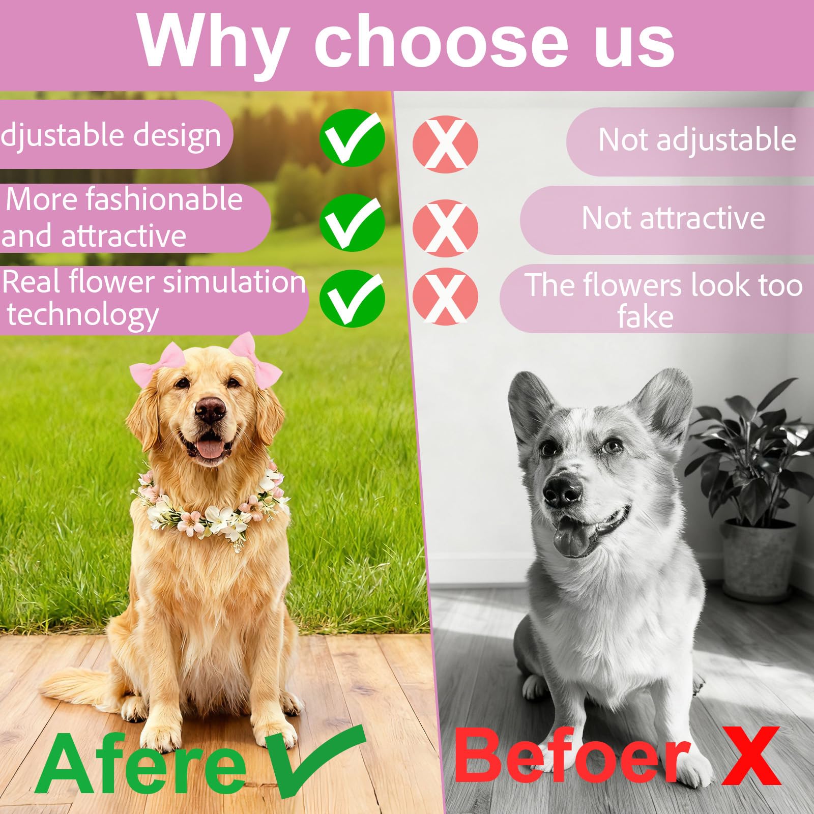 Papillon per Cane, Fiore Elegante con Fiori e Nastro, Adatto a Tutte Le Taglie di Cane, Regolabile, Perfetto per Matrimoni e Occasioni Speciali