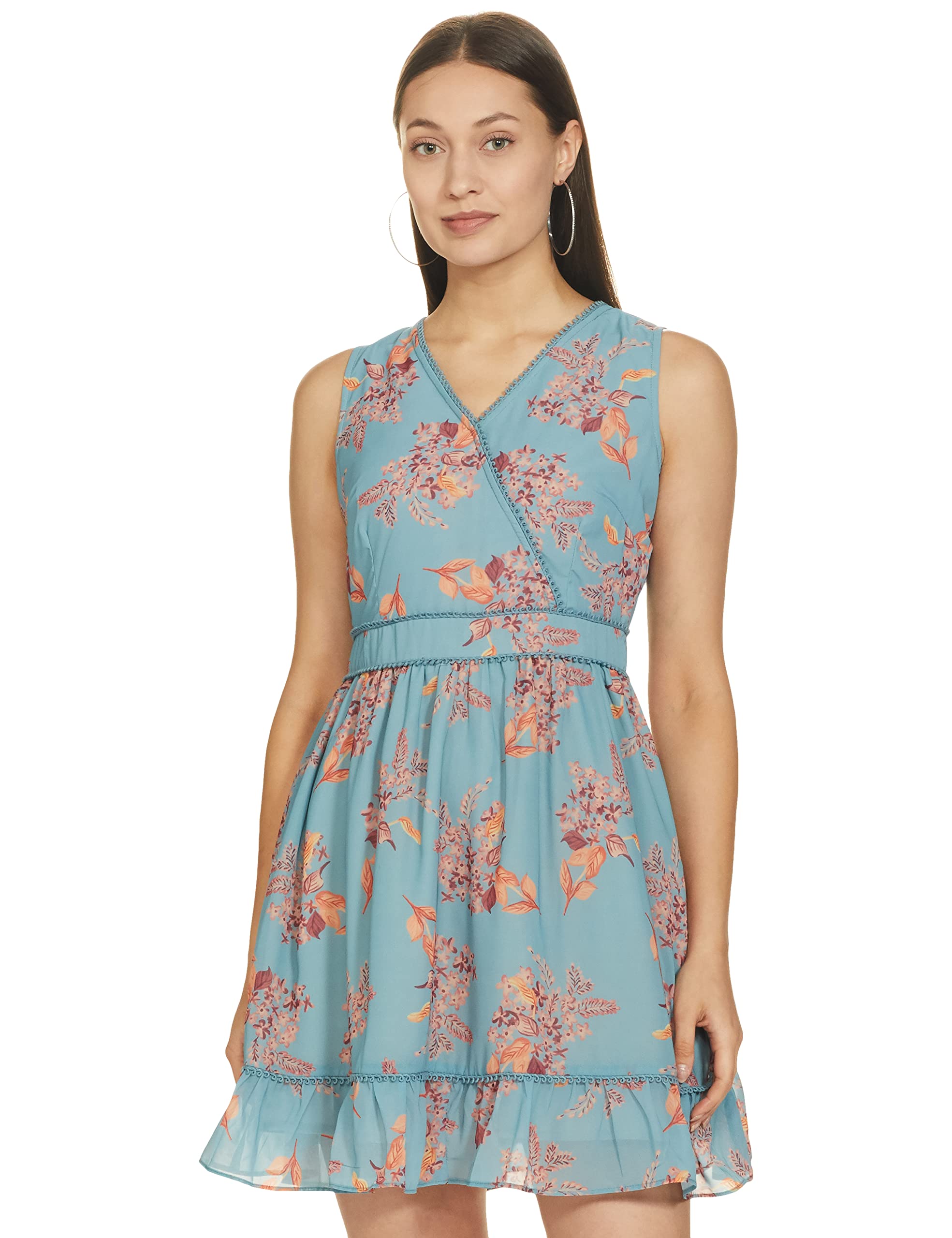 FabAlley Women Blue Floral Wrap Trim Detail Skater Dress